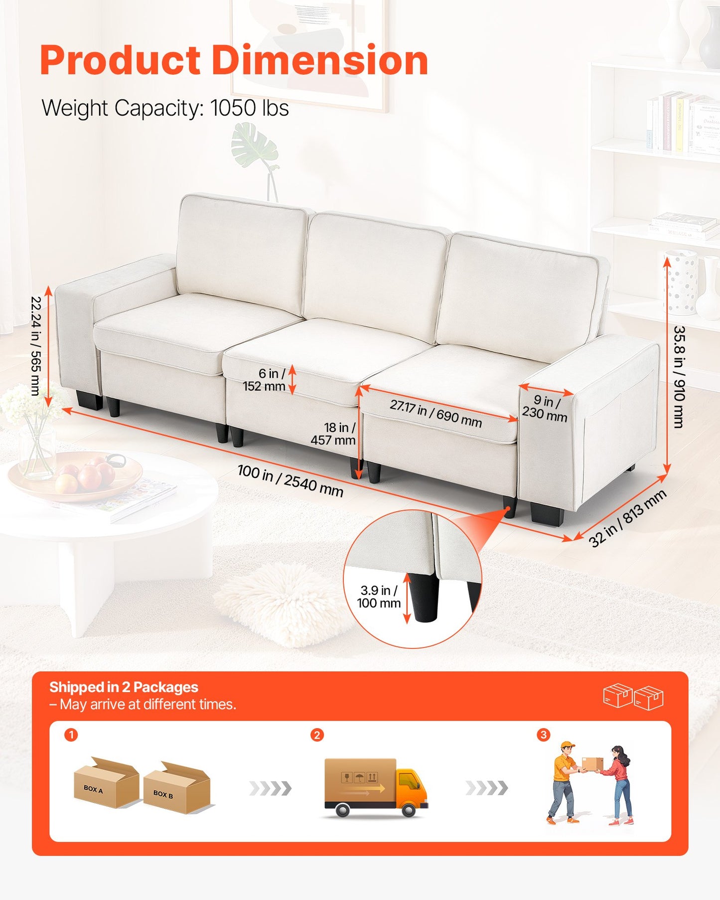 3 Steater Sofa, Modular Sectional Couch with Bottom Storage Space, Modern Comfy Cloud Sofa with Side Storage Pockets and Metal Frame, Ideal for Living Room, Bedroom, Apartment and Office, White