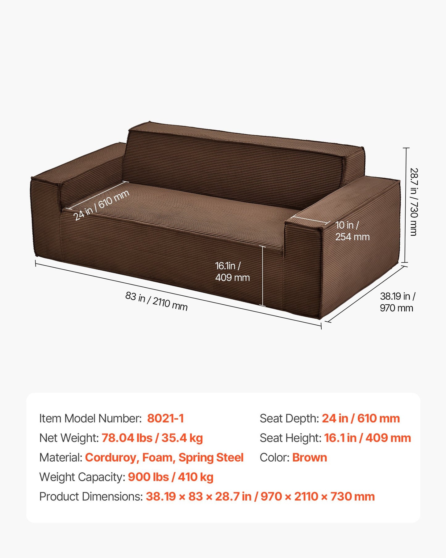 2110 mm Modern soffa, Bekväm manchestersoffa med djupa sitsar, Cloud-soffa med breda armstöd, Ingen montering krävs, Stor plyschsoffa Perfekt för vardagsrum, sovrum, lägenhet och kontor, Brun