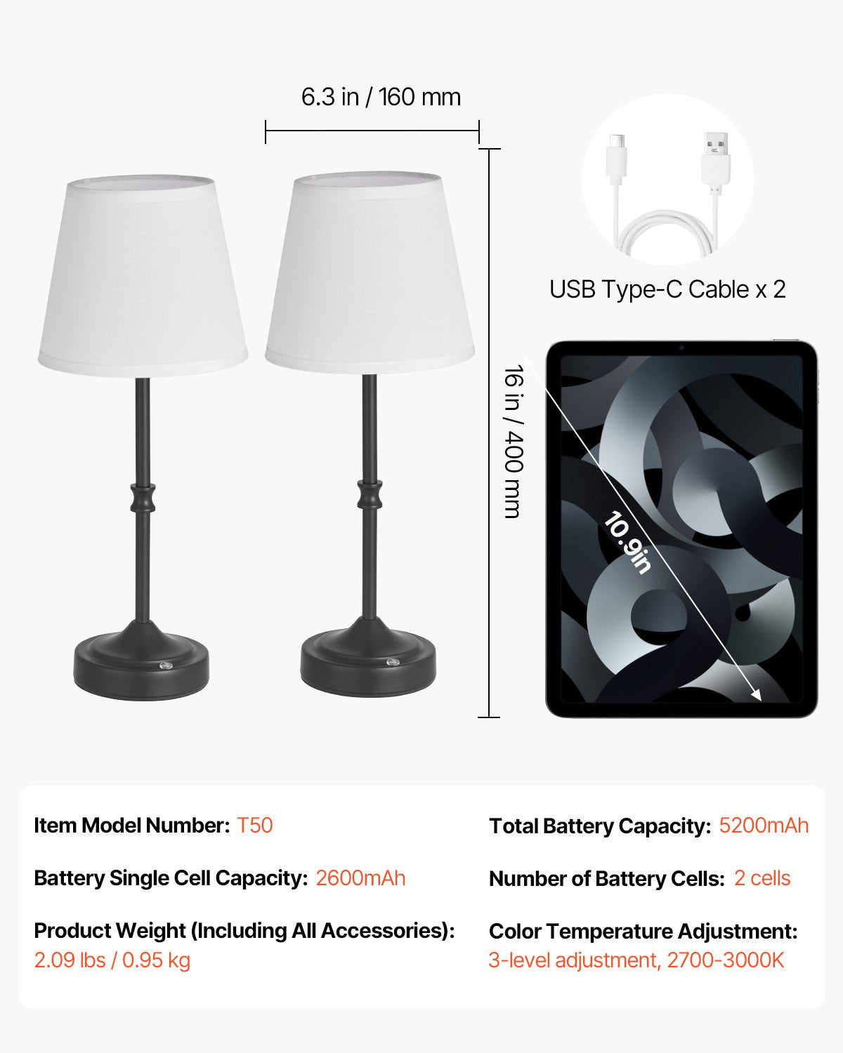 Sladdlös bordslampa, 2-pack, 5200mAh inbyggt laddningsbart batteri, skrivbordslampa med 3 ljusstyrkor, tygskärm, 2700-3000K färgtemperatur, bordslampa för restaurang, sovrum, barer, svart