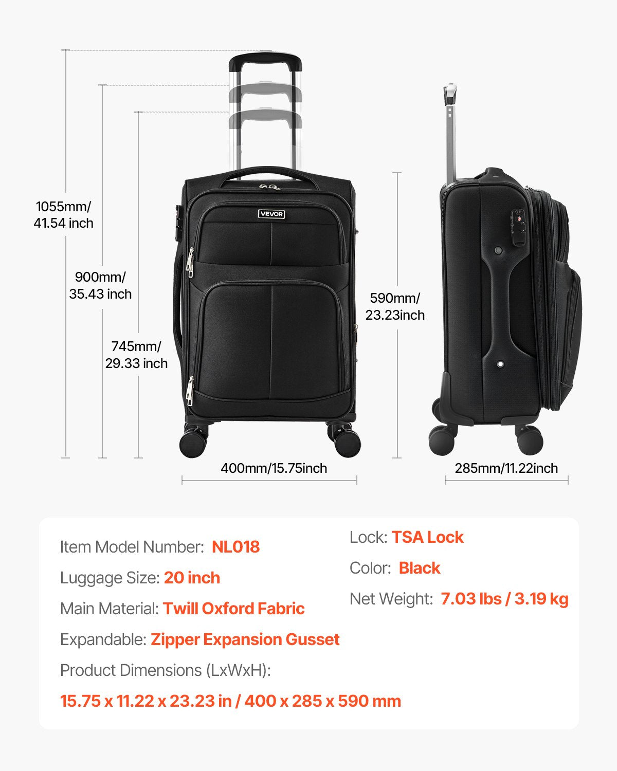 Mjukt expanderbart bagage med spinnhjul, 20 tum / 50,8 cm mjukt handbagage, lätt rutig resväska med expanderbart blixtlåsförsett fack och TSA-lås, svart