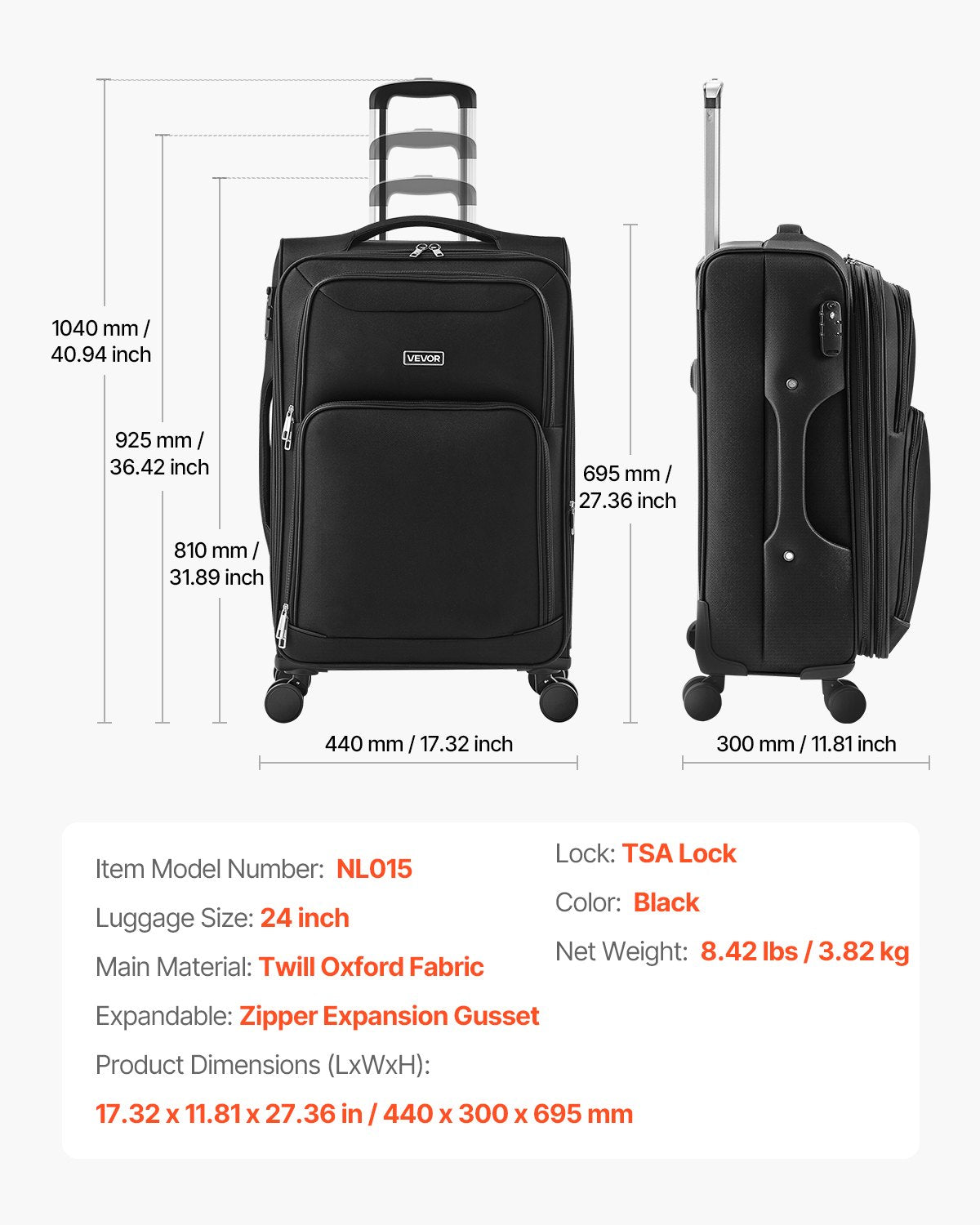 Softside Expandable Luggage with Spinner Wheels, 24 inch / 61 cm Softside Checked Medium Luggage, Lightweight Checked Suitcase with Expandable Zippered Pocket and TSA Lock, Black