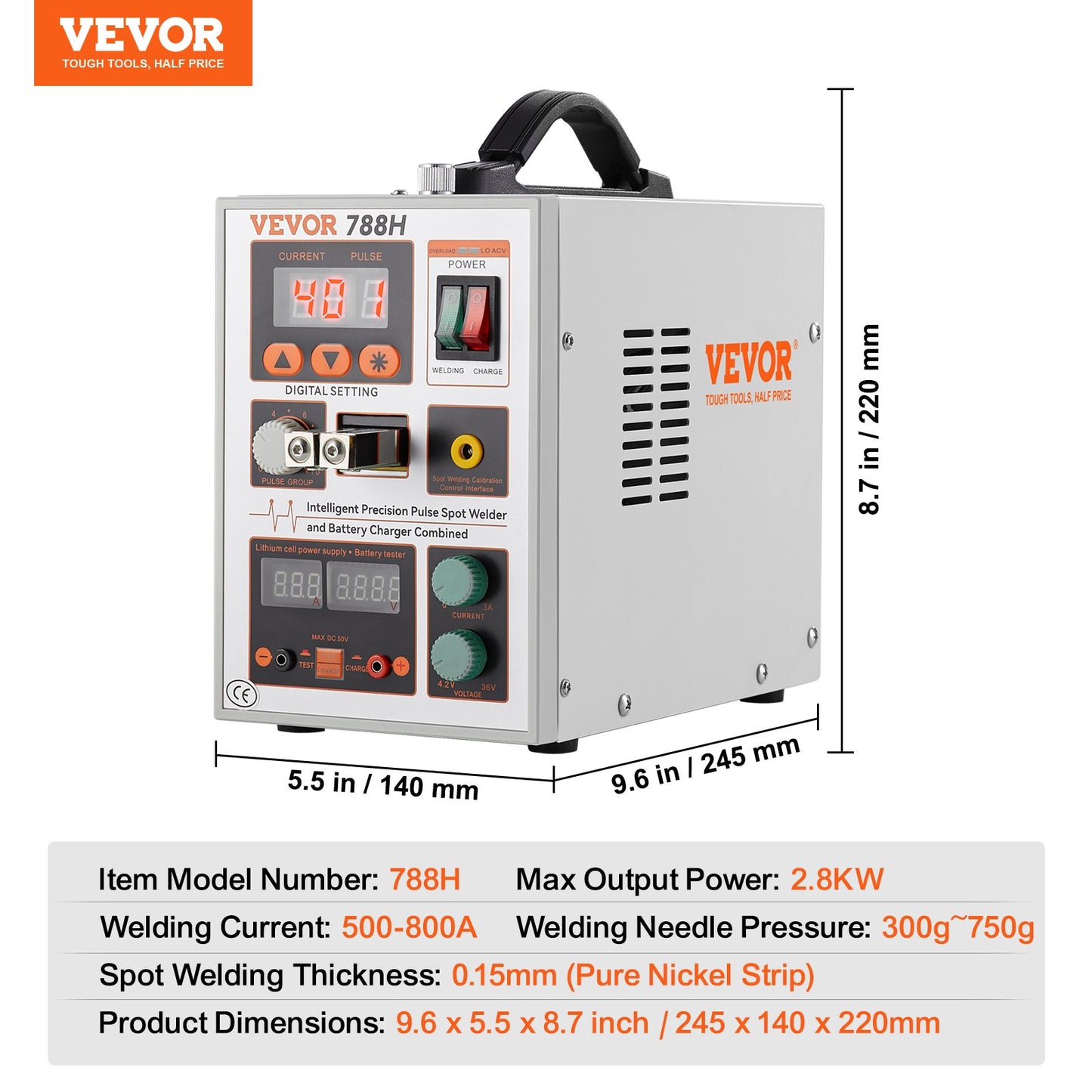 Battery Spot Welder, 788H Pulse Spot Welder & Battery Charger, Portable High-Power Battery Welding Machine with 2 Welding Modes and LED Lighting for 0.15mm Pure Nickel, 18650 14500 Battery Packs