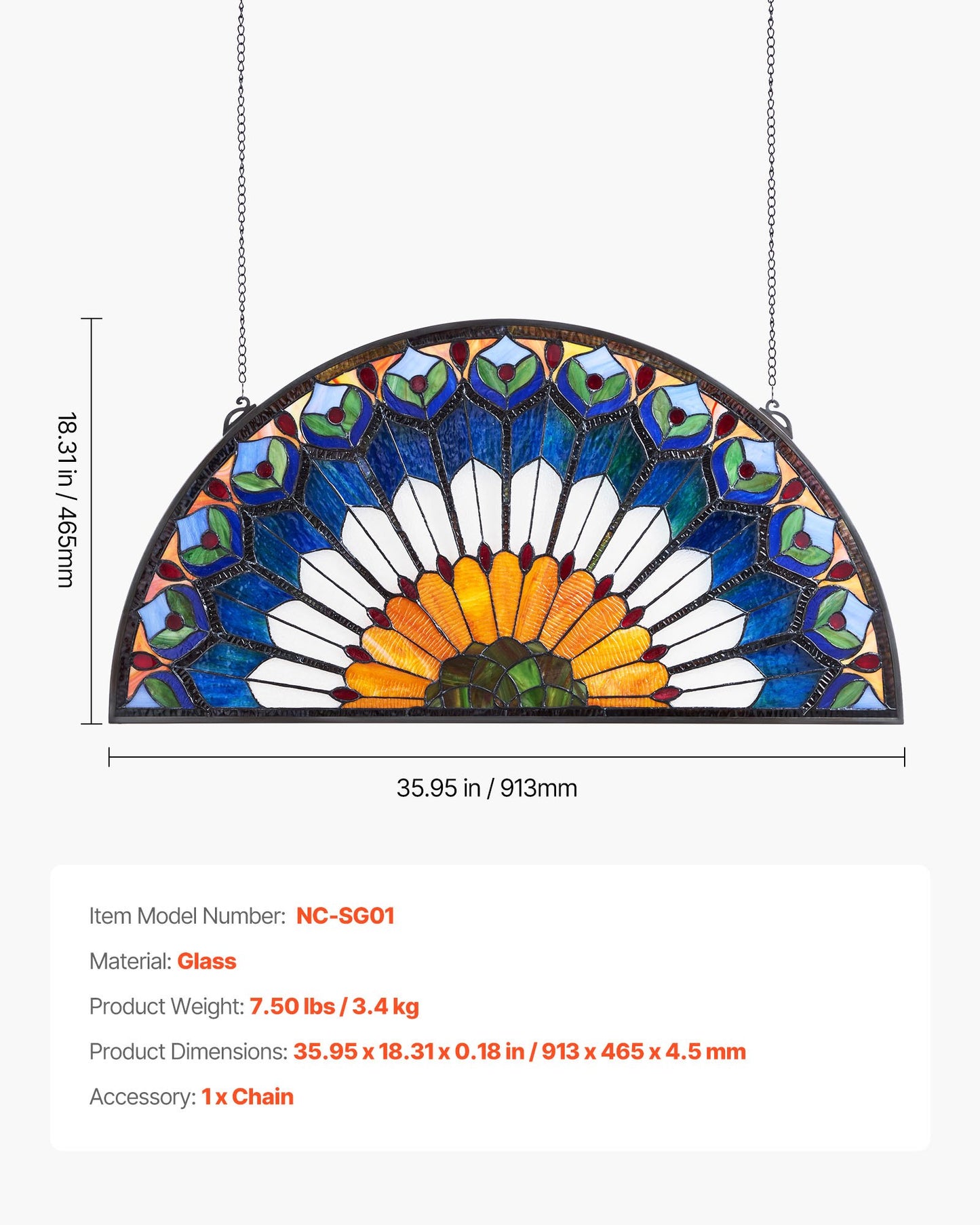Fönsterpanel i färgat glas, 913 x 465 mm, hängande överljuspanel i Tiffany-stil med kedja, stor halvrund upphängning i färgat glas, traditionellt hantverk för köksinredning