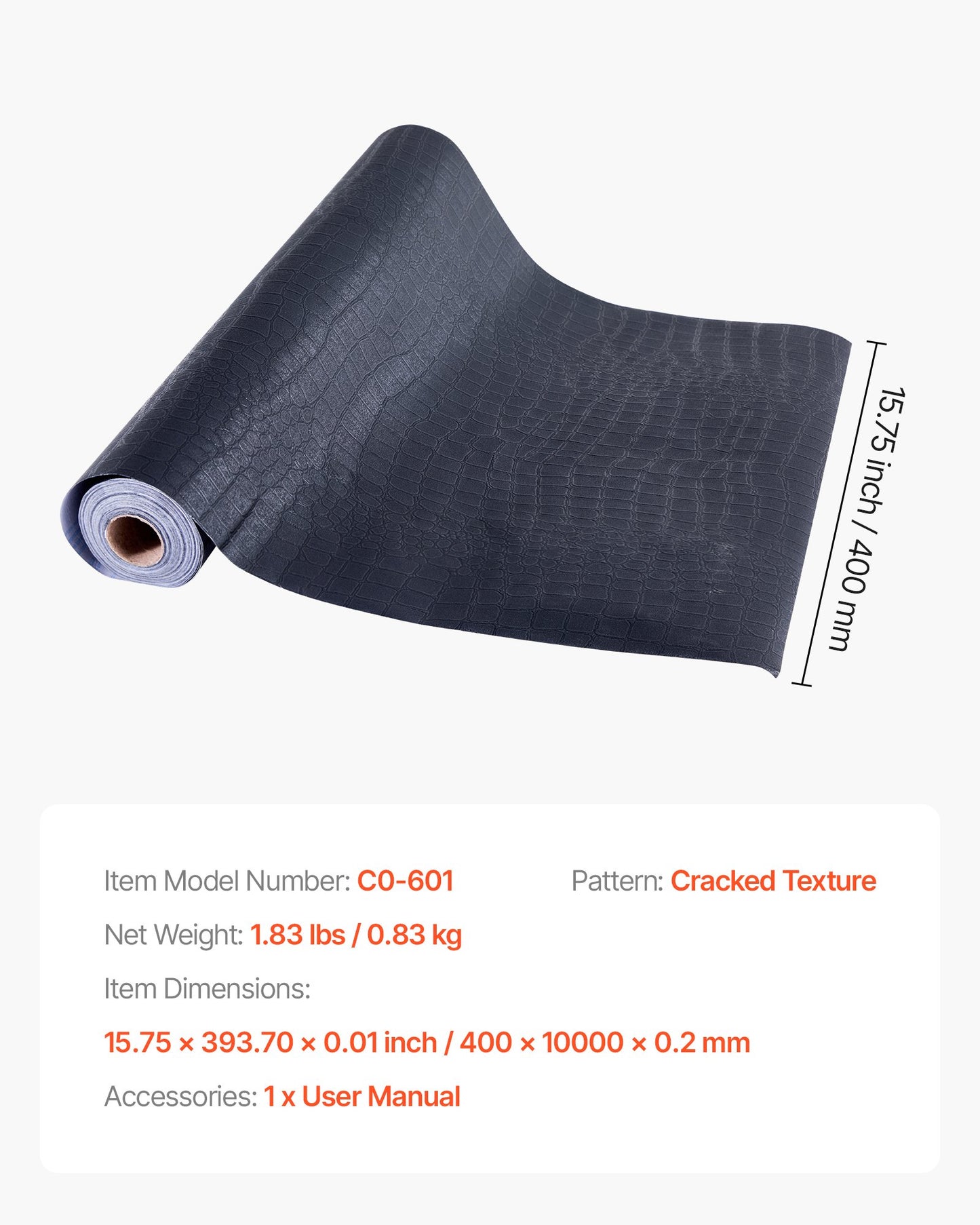 Självhäftande tapet, 40 cm x 10 m, svart, sprucken textur, vattentät, självhäftande, lätt att rengöra och dra av, väggdekorativ vinylrulle för sovrum, kök, kontor, badrum