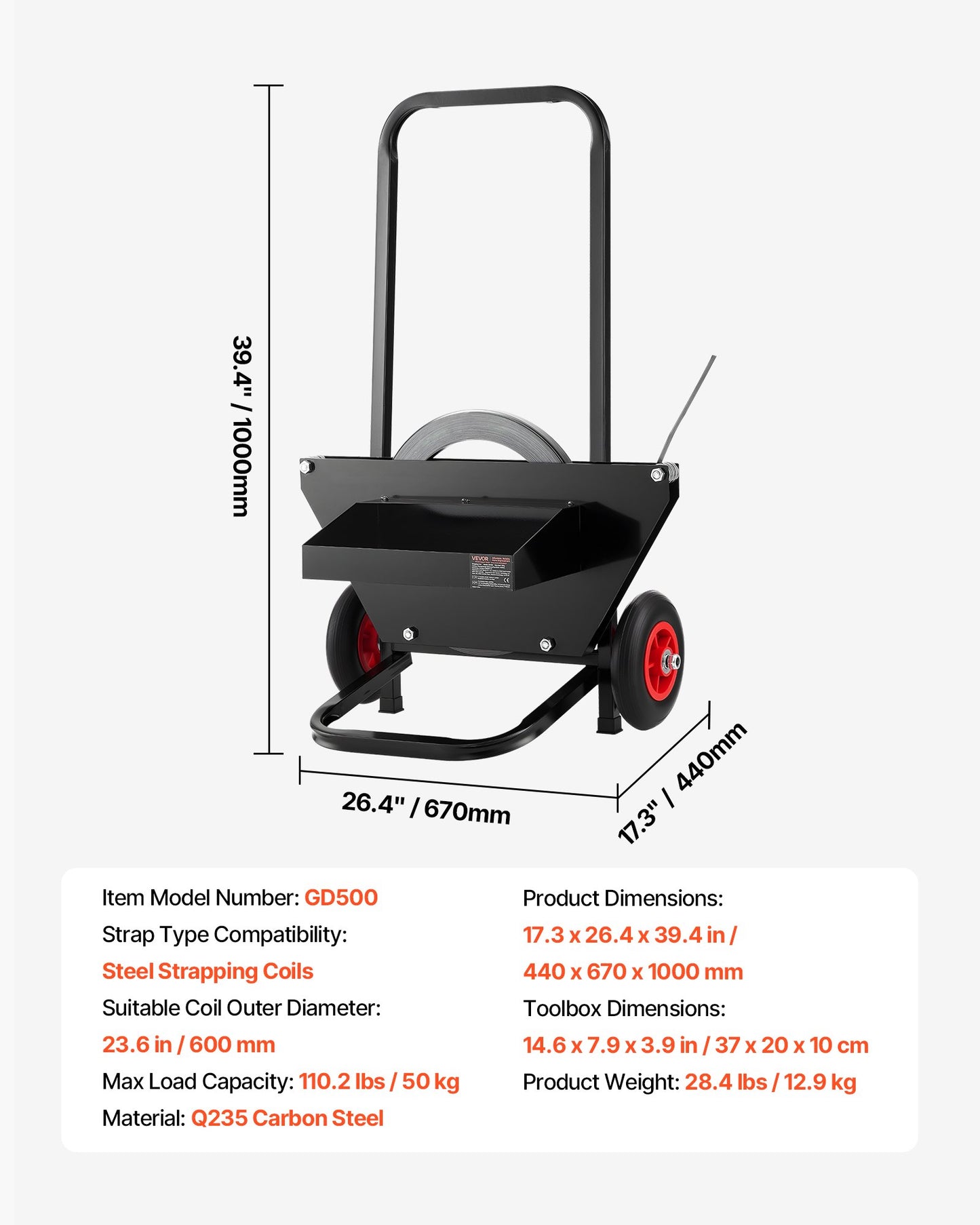Banding Strapping Cart, Fit for Steel Strapping Coils with 600 mm Core Outer Size, Heavy Duty Strapping Dispenser with Rubber Wheels, Suitable for Factory, Warehouse, Loading Area