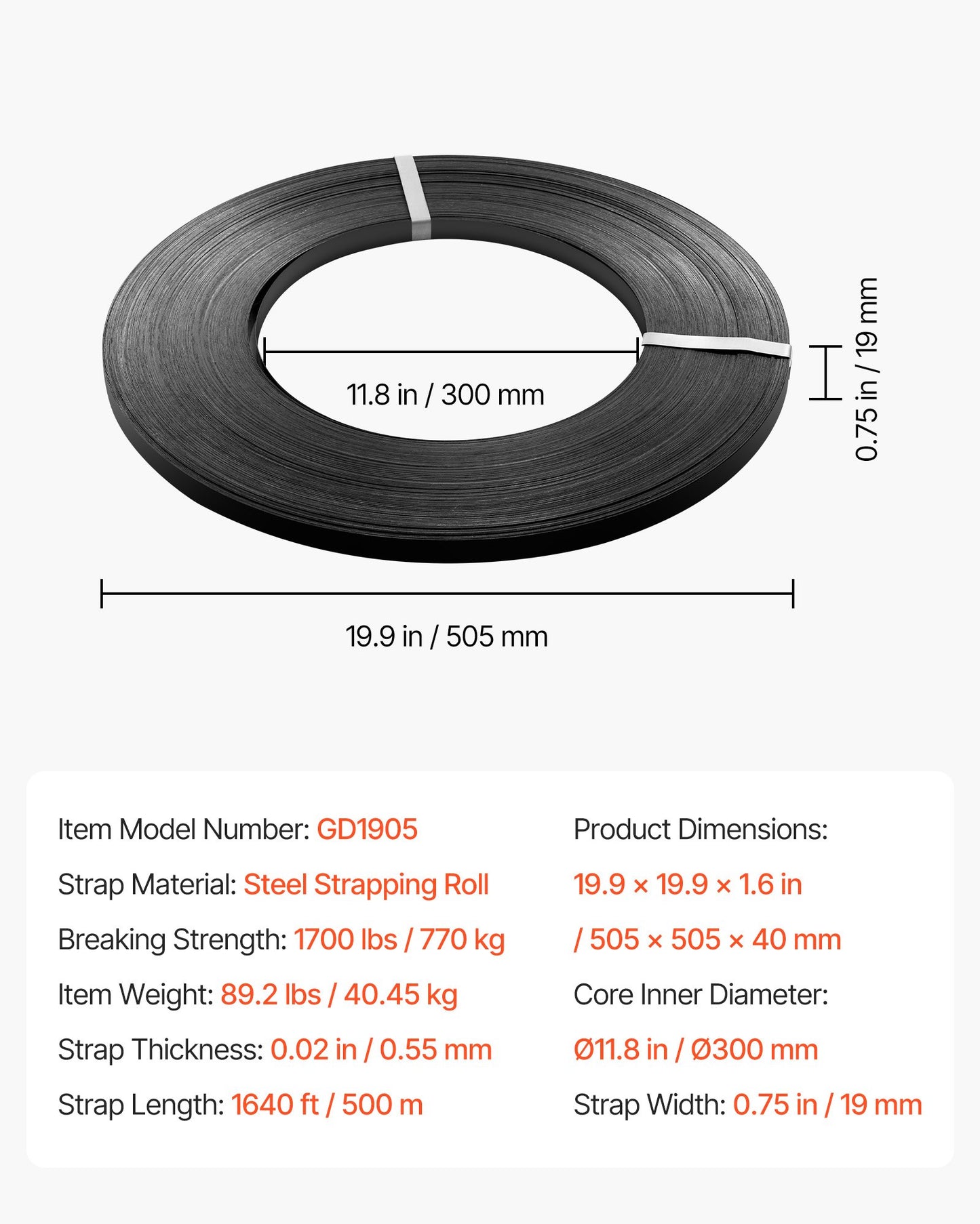 Steel Strapping Coil, 19 mm x 0.55 mm x 500 m, Metal Strapping Banding Roll Withstands Harsh Environment, 771 kg Break Strength, Heavy Duty Banding Pallet Strap Coil for Pallet Packing