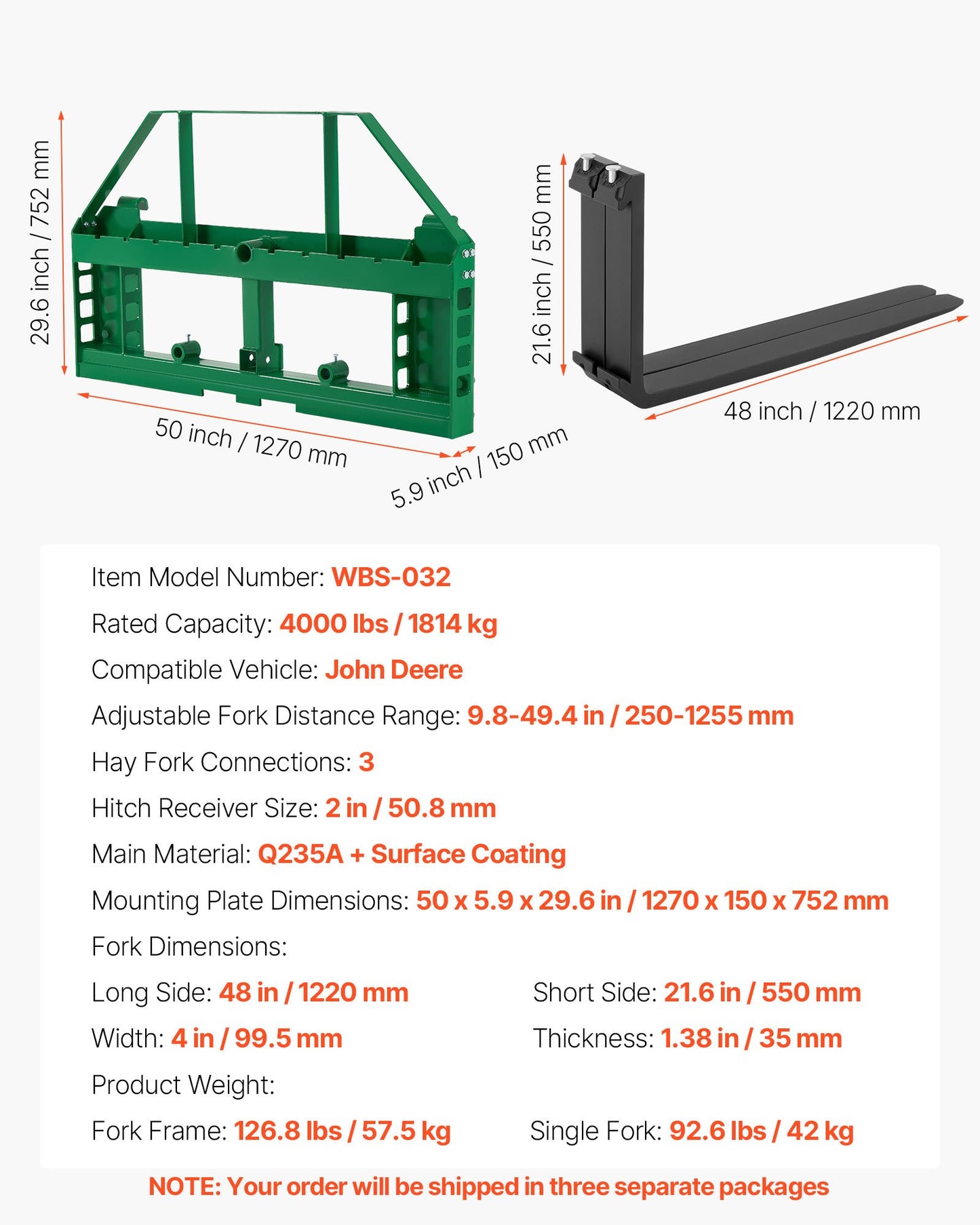 Skid Steer Pallet Forks, 1814 kg Rated Load Capacity, Pallet Fork Frame Attachment with 122 cm Pallet Forks Forklift Blades, 50.8 mm Hitch Receiver & Spear Sleeves, Fit for JD Tractors