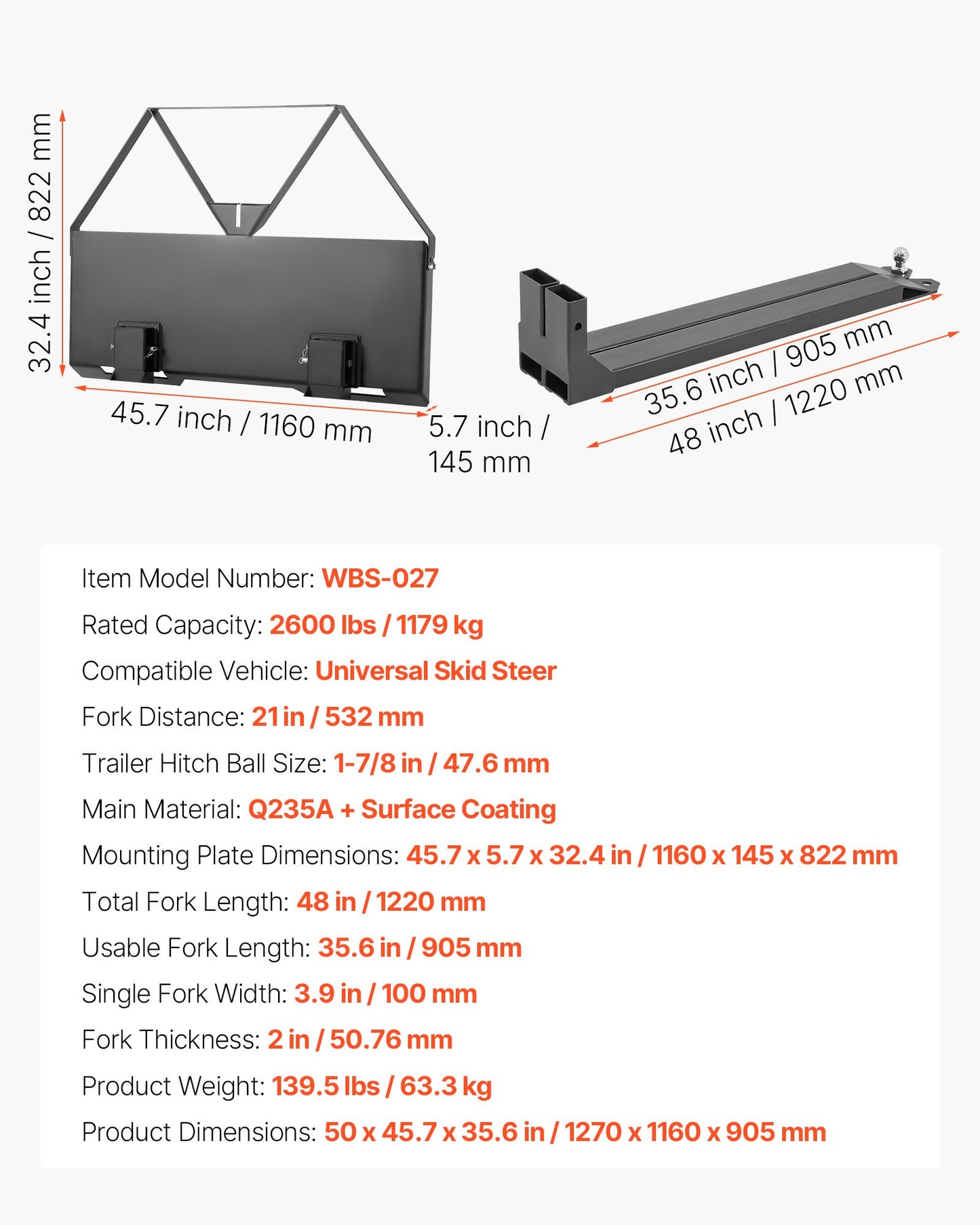 Pallgafflar för kompaktlastare, 1179 kg nominell kapacitet, pallgaffelramfäste med 122 cm pallgaffelblad, 47,6 mm kuldragfäste, snabbkoppling för kompaktlastare, traktorer