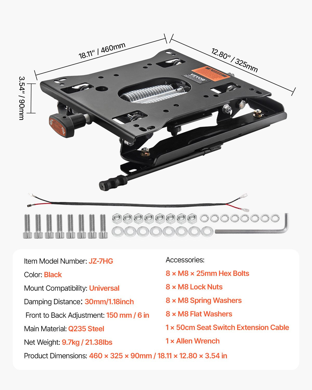Seat Suspension Kit with Seat Slider Track, Universal Air Ride Seat Suspension for Zero Turn Lawn Mower, 6in Front-to-Back Adjustable, Tractor Seat Suspension Kit for Forklift, Bulldozers