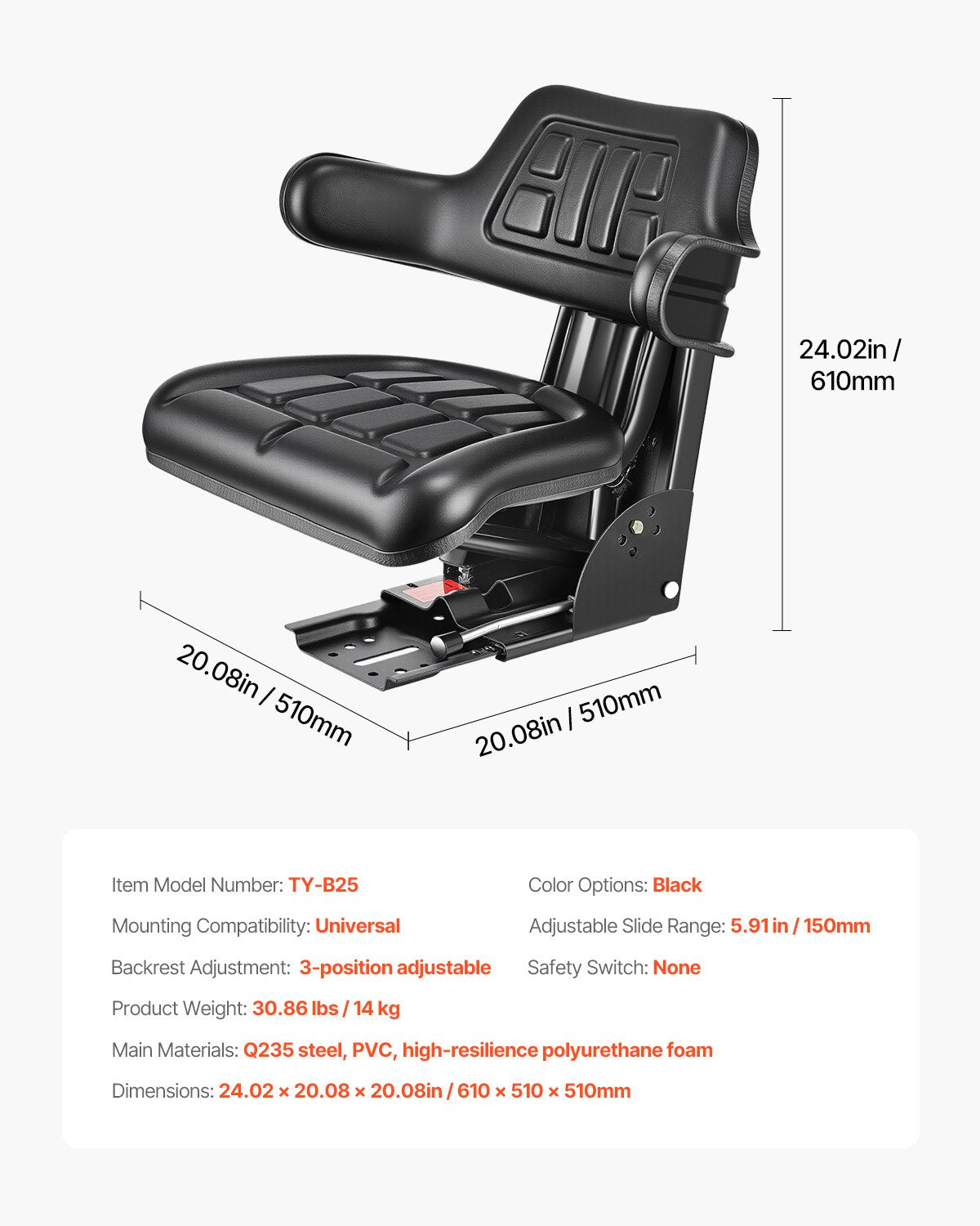 Universal Forklift Seat, Waterproof Tractor Suspension Seat with Adjustable Back, Secure Tractor Seat with Micro Switch, Widely Compatible Seat for Skid Loader Bulldozer