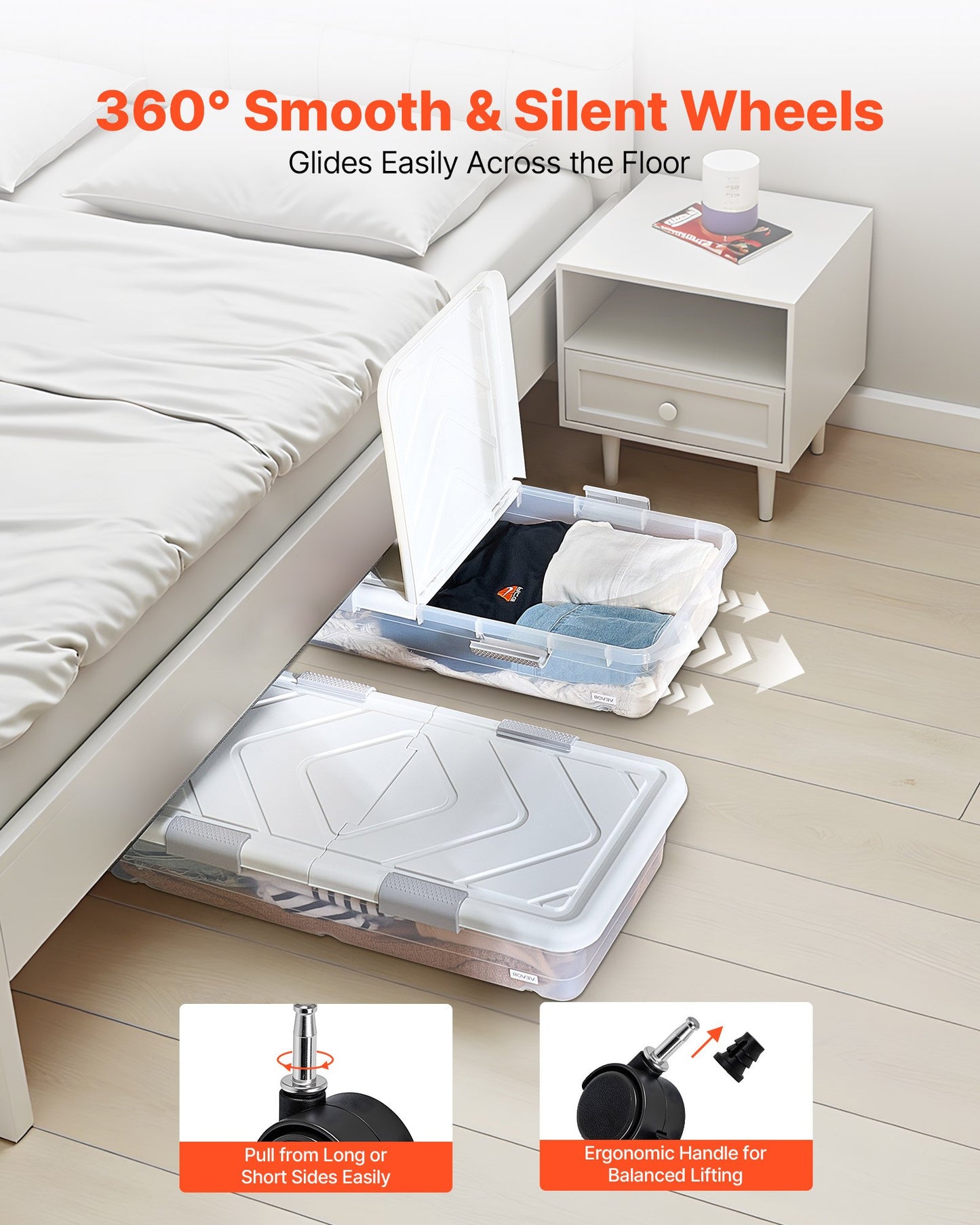 Förvaring under sängen med hjul, 1010 x 510 x 150 mm behållare under sängen, skoförvaring under sängen med lock och grått spärr, rullande förvaringsfack för kläder, skor, filtar, 2-pack