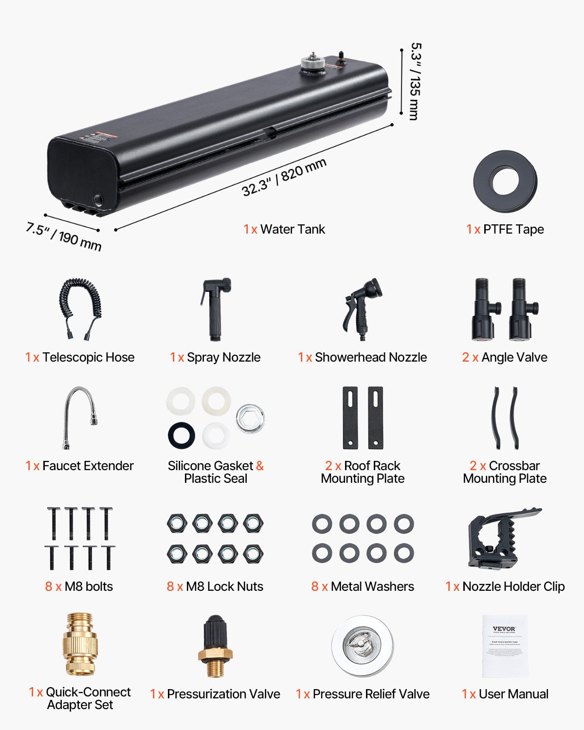 Roof Rack Water Tank, 4 Gal, Multi-Dispensing Outdoor Tank with 2 Splash-Guard Panels & T-slot, High-Capacity Aluminum Tank with Pressurization Port, Fit for Trunks, Roll Bars, Crossbars