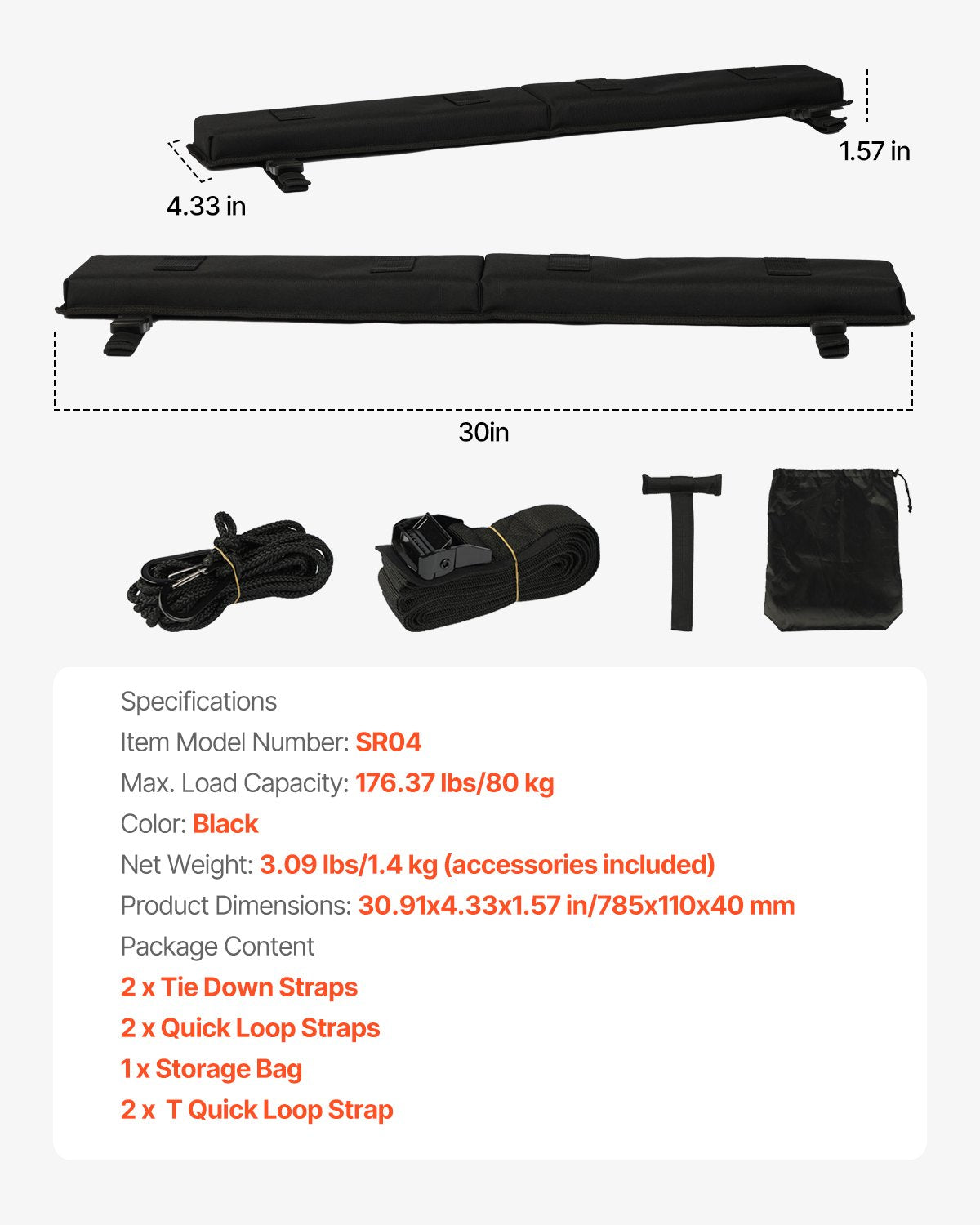 Soft Roof Rack Pads, 30" Universal Car Roof Rack Pad for Various Crossbars, 176LBS Loading Luggage Kayak Carrier with 2 Tie Down Straps, 2 Quick Loop Straps & Storage Bag for SUP Canoe Snowboard