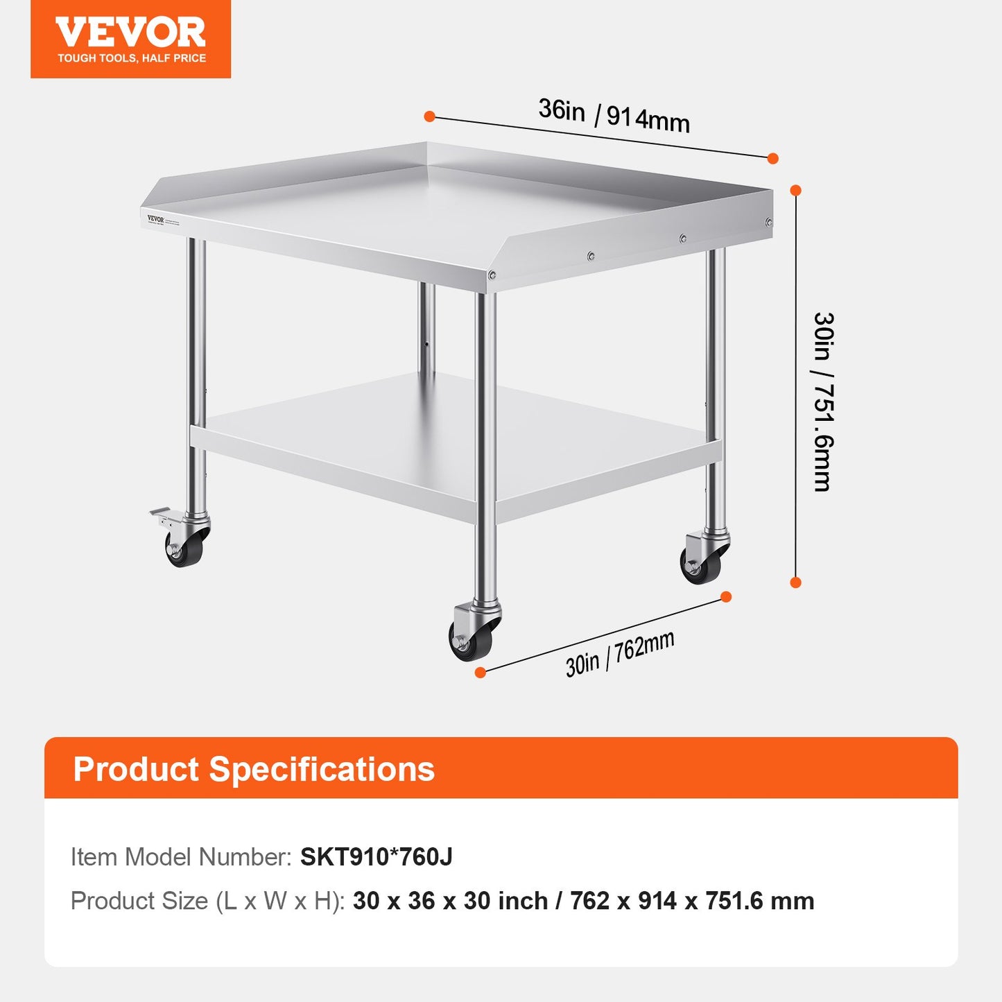 Stainless Steel Work Table 76.2x91.4 cm Commercial Food Prep Table W/ 4 Casters