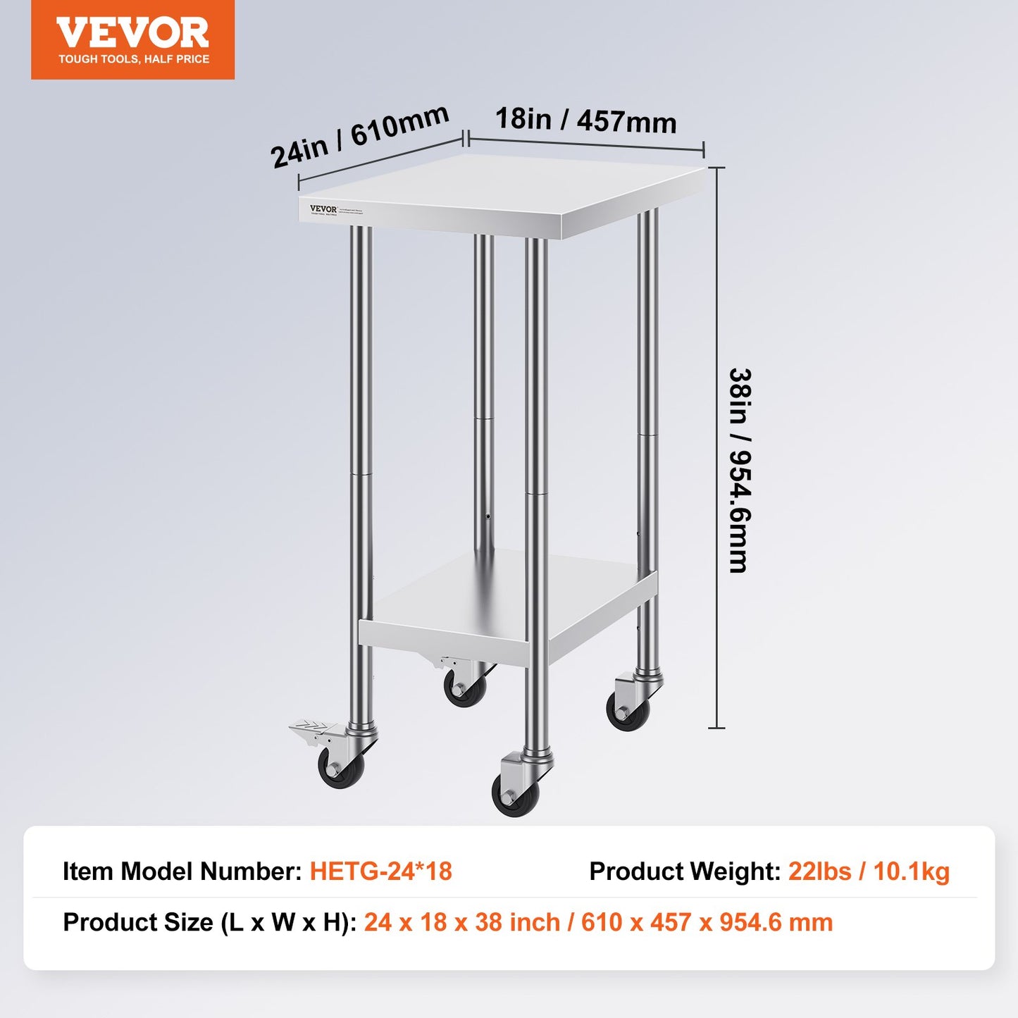 Stainless Steel Work Table 24 x 18 x 38 Inch, with 4 Wheels, 3 Adjustable Height Levels, Heavy Duty Food Prep Worktable for Commercial Kitchen Restaurant, Silver