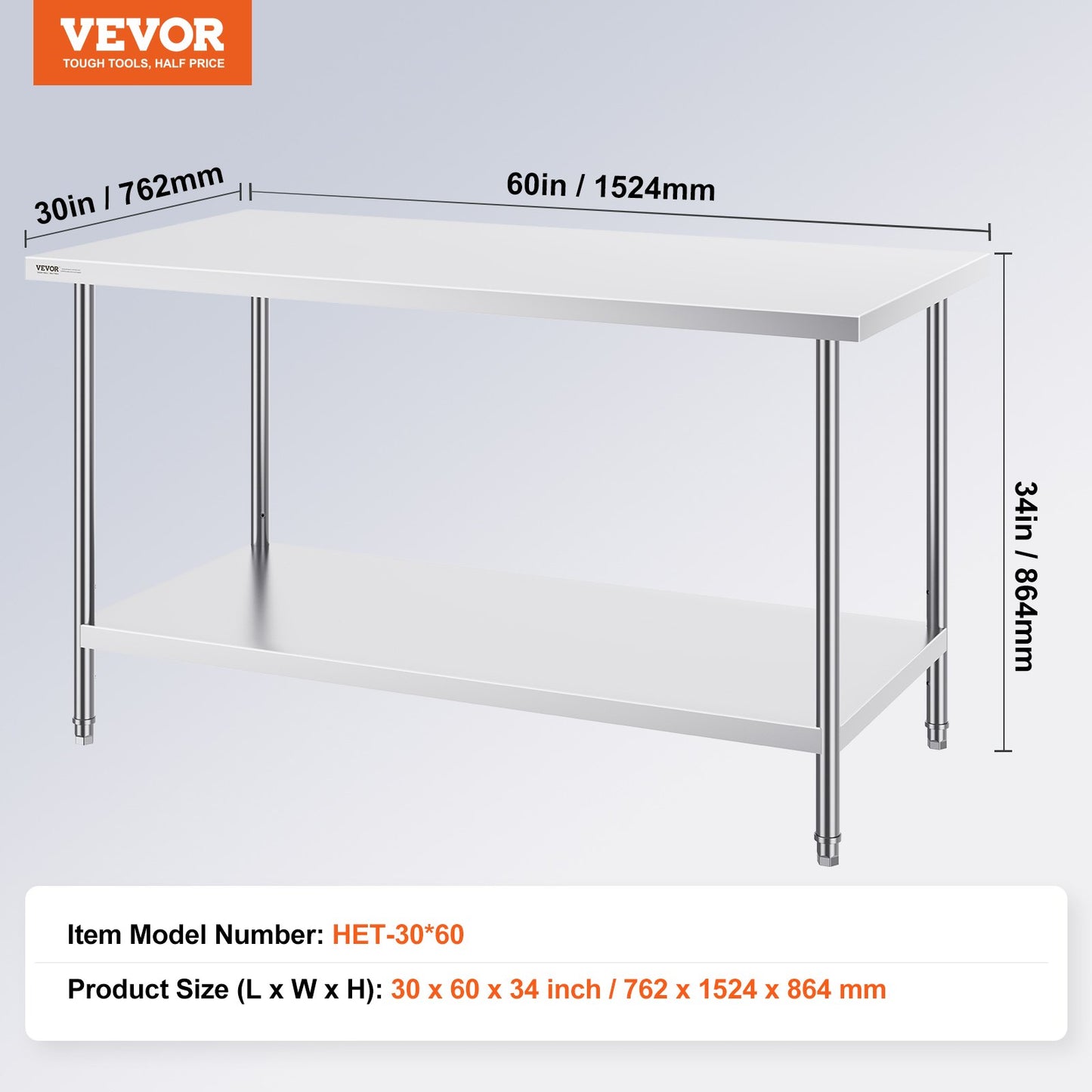 Stainless Steel Prep Table, 30 x 60 x 34 Inch, Heavy Duty Metal Worktable with 3 Adjustable Height Levels, Commercial Workstation for Kitchen Garage Restaurant Backyard