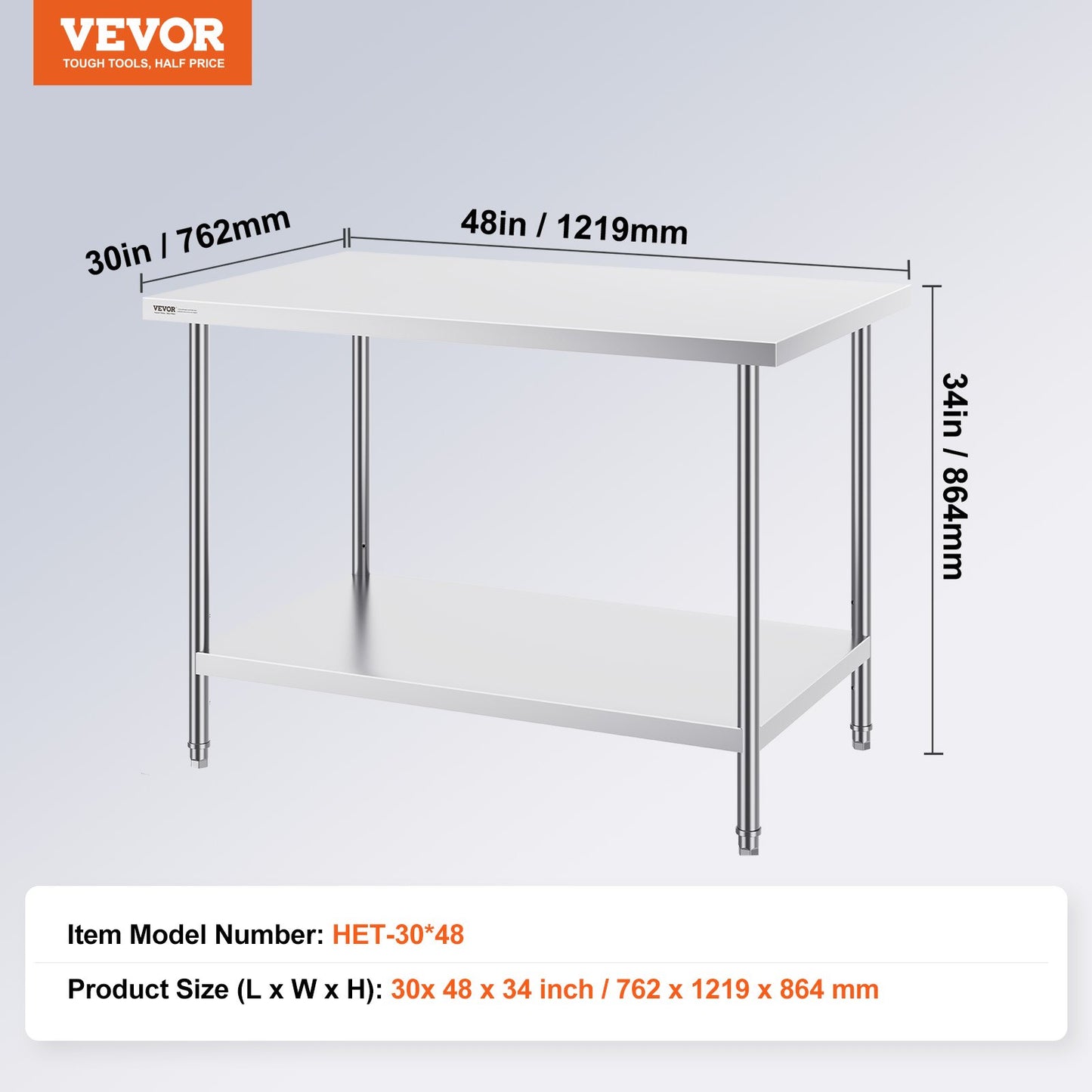 Stainless Steel Prep Table, 30 x 48 x 34 Inch, Heavy Duty Metal Worktable with 3 Adjustable Height Levels, Commercial Workstation for Kitchen Garage Restaurant Backyard
