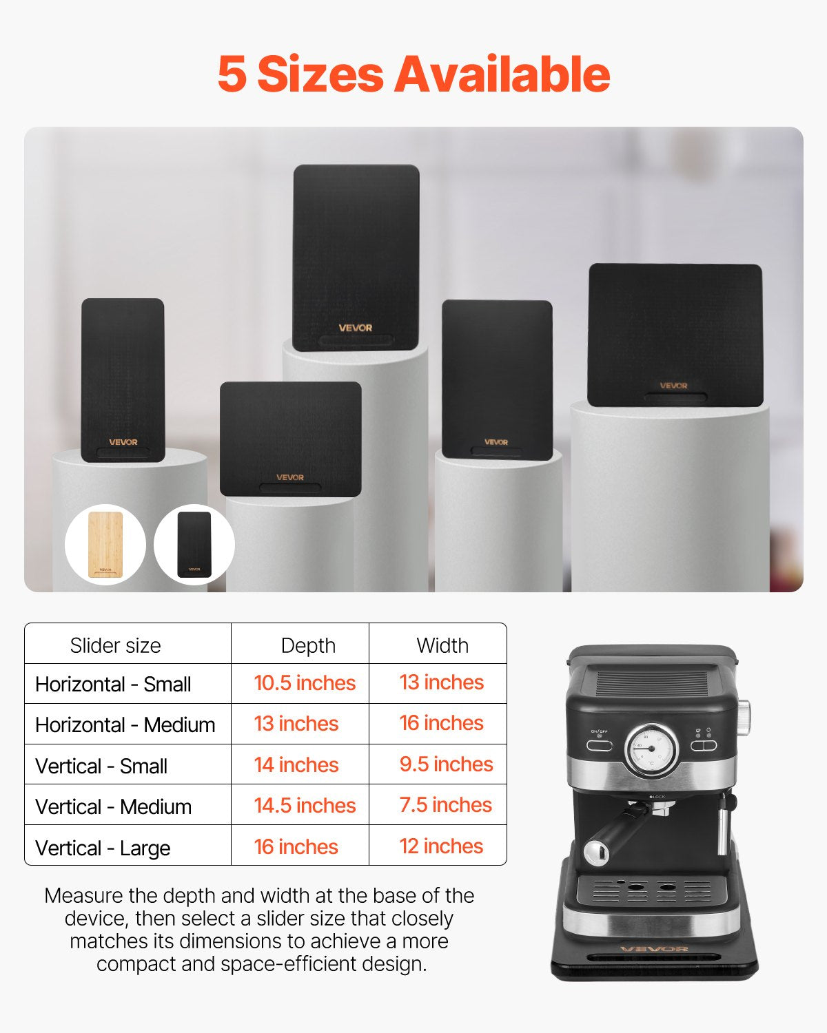 Apparatglidare, medelstor 14,5 x 7,5 tum, rullande glidbricka med tysta gummihjul och ihåligt handtag, lätt att rengöra, rullande bricka för kaffebryggare, köksbänkskiva, svart