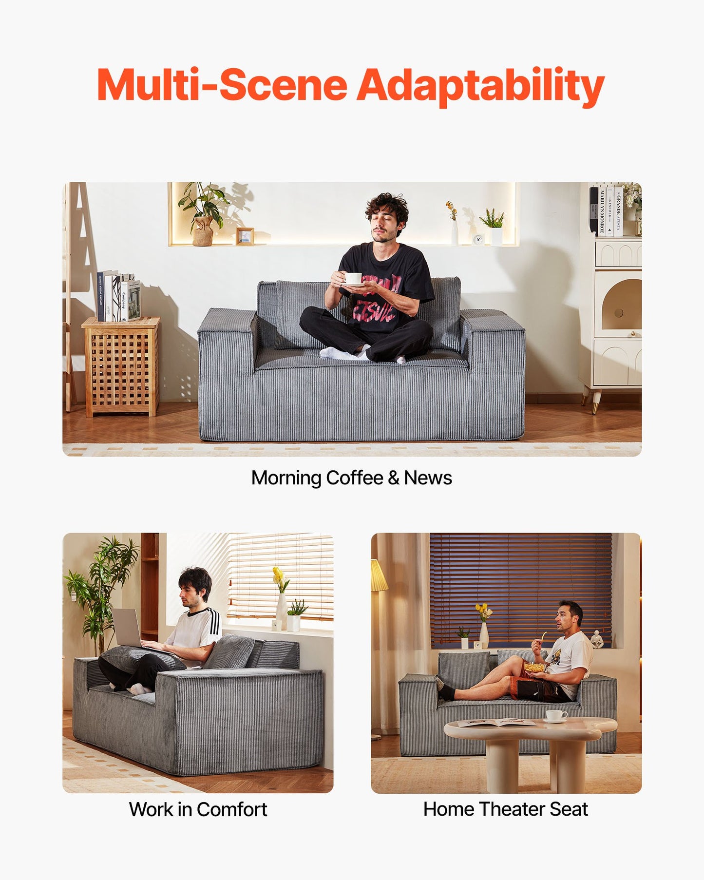 Loveseat Sofa, 160 cm 2-Seats Couch for Living Room, Modern Small Corduroy Couch with Pocket Springs, Soft Cushions, Comfy Loveseat for Bedroom, Office or Apartment, No Assembly Required, Gray