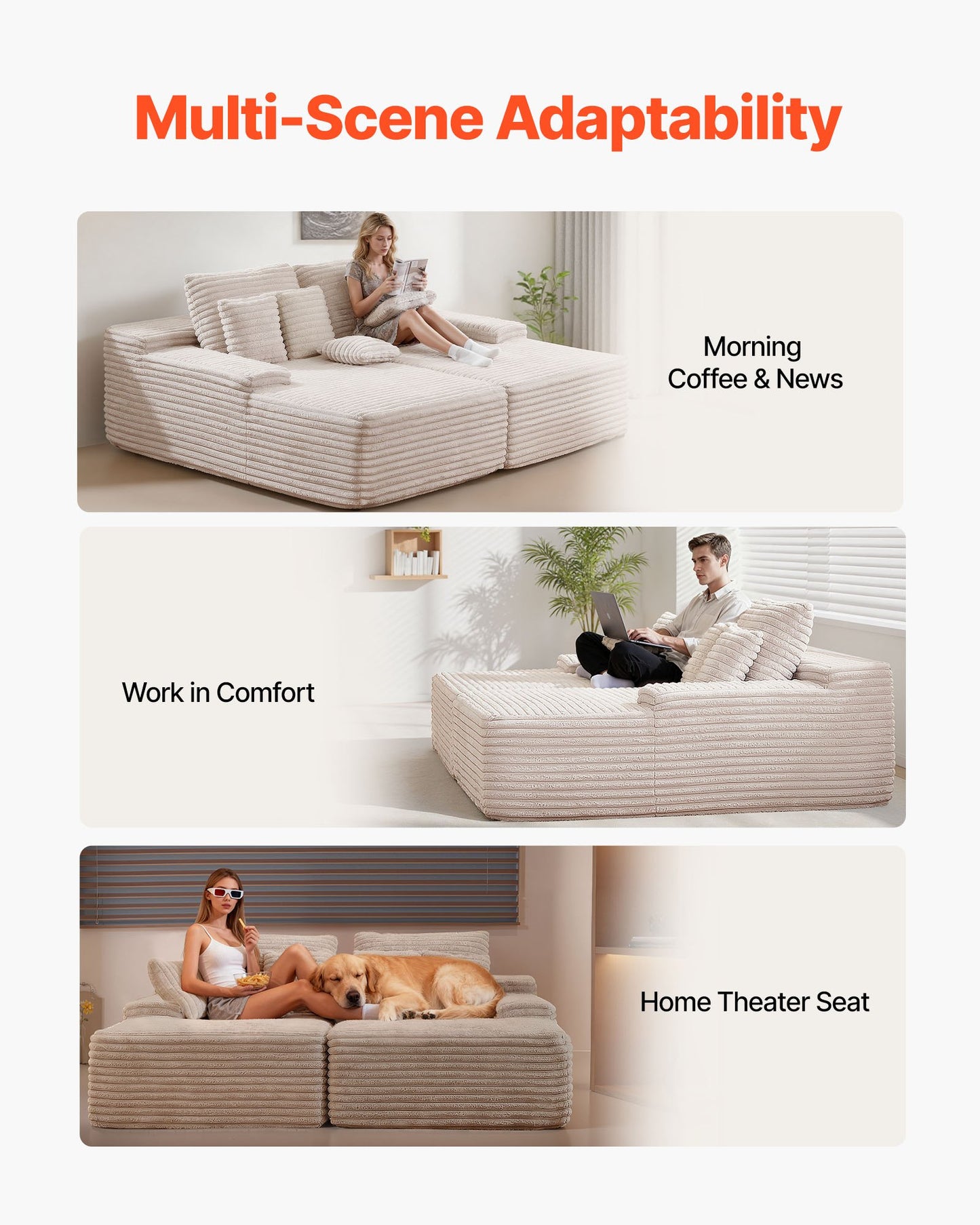 210 cm överdimensionerad dubbelschäslong, sektionssoffa i manchestertyg, mysig djupsitsad tvåsitssoffa med mjuka kuddar och prydnadskuddar för vardagsrum/sovrum, ingen montering krävs, beige