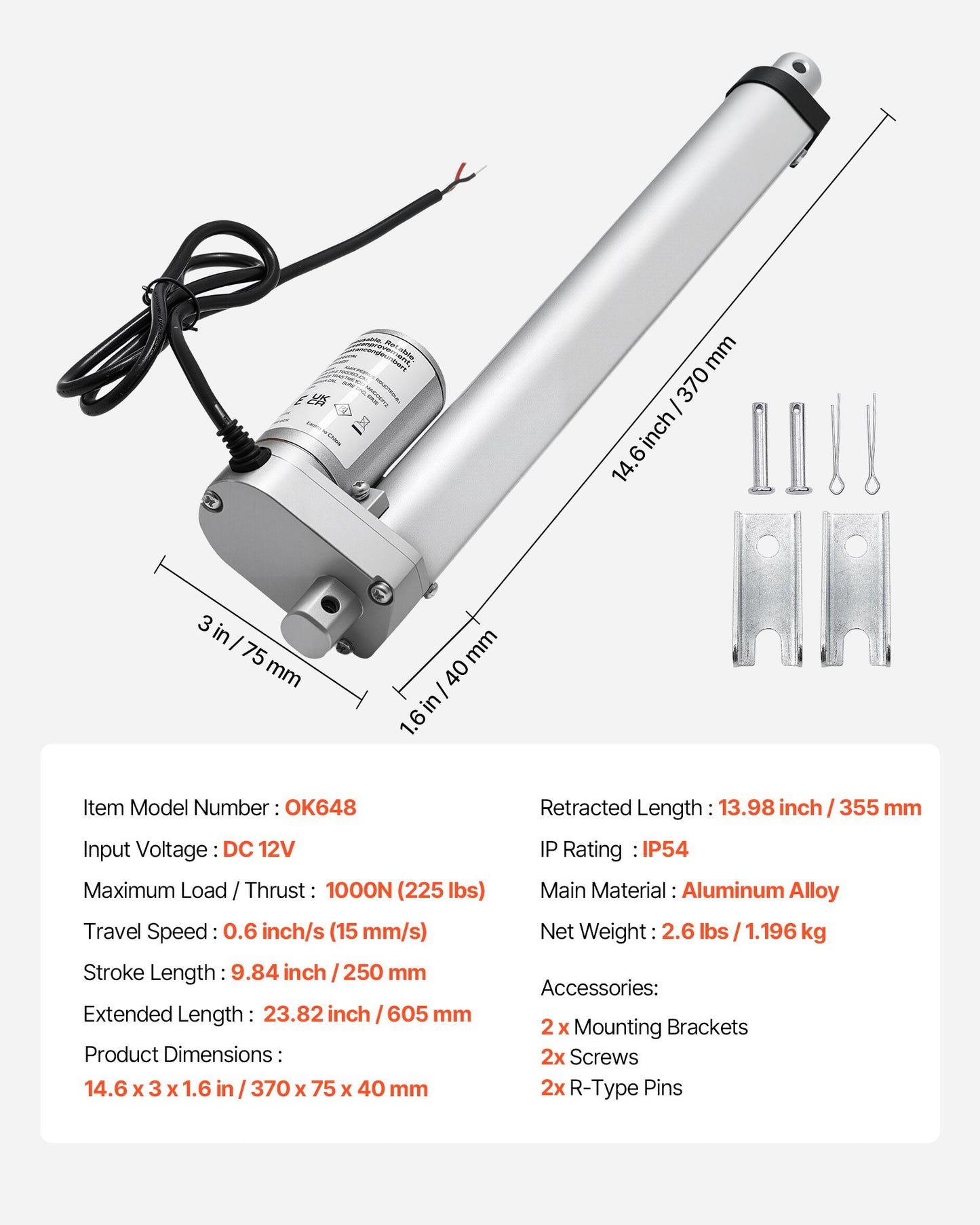 12V linjärt ställdon, 250 mm slaglängd 15 mm/s höghastighets 1000N linjärt ställdon - med IP54-skydd och monteringsfäste för lyftbord, fåtöljer, fönster- och dörröppnare