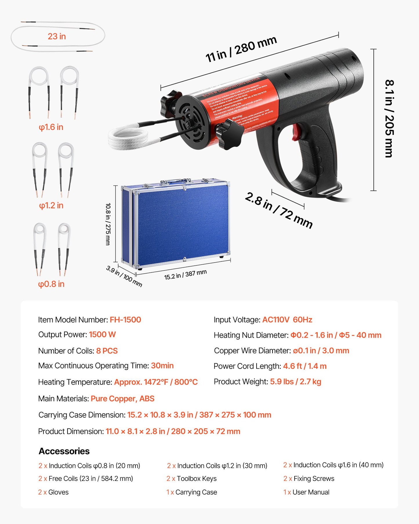 Borttagning av induktionsvärmarebult, 1500W 230V magnetisk induktionsvärmare, handhållen mutterbrytare, minivärmemaskin för borttagning av rostiga skruvar, reparationsverktyg för bilgarage med 8 spolar och låda