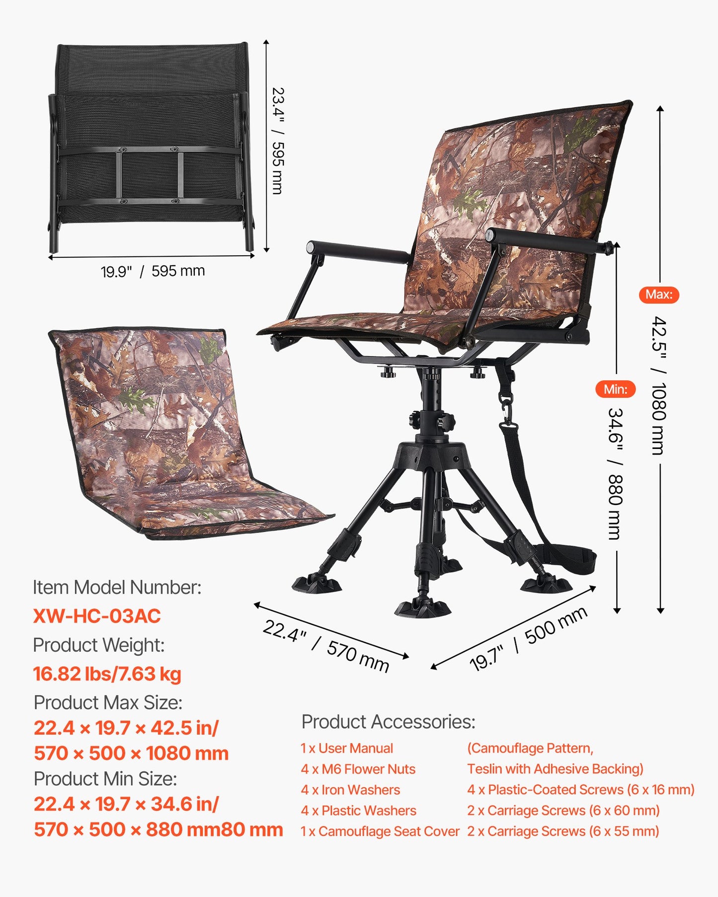 Jaktstol, 360° tyst vridbar, hopfällbar bärbar blindstol, kraftig stålram, markpall, med armstöd, överdrag, sjunksäkra fötter, höjdjusterbar, 158 kg kapacitet för camping
