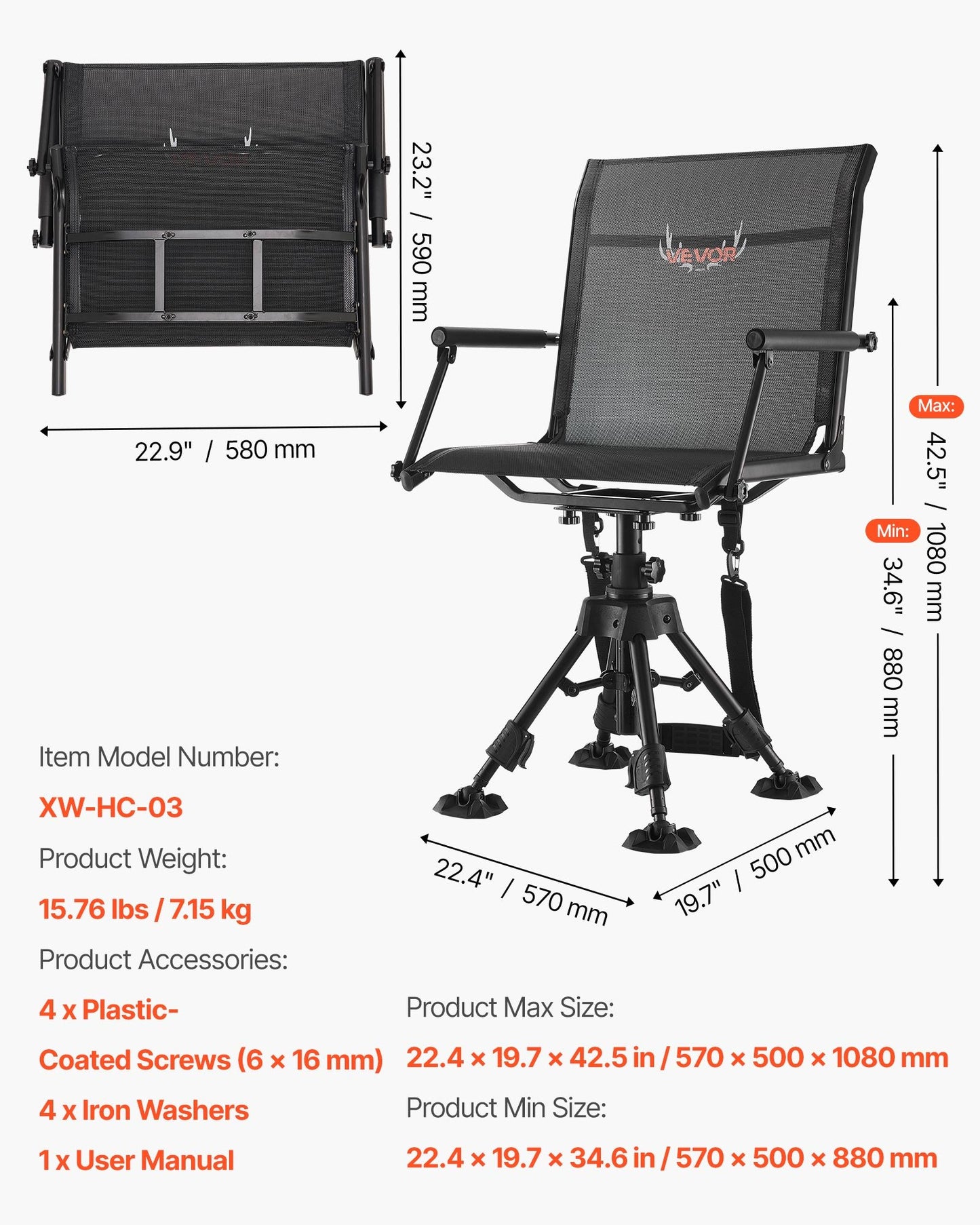 Hunting Chair, 360° Silent Swivel, Foldable Portable Blind Chair, Heavy-Duty Steel Frame Ground Stool Seat with Armrests, Anti-Sink Feet, Height Adjustable, 158 Kg Capacity for Fishing Camping