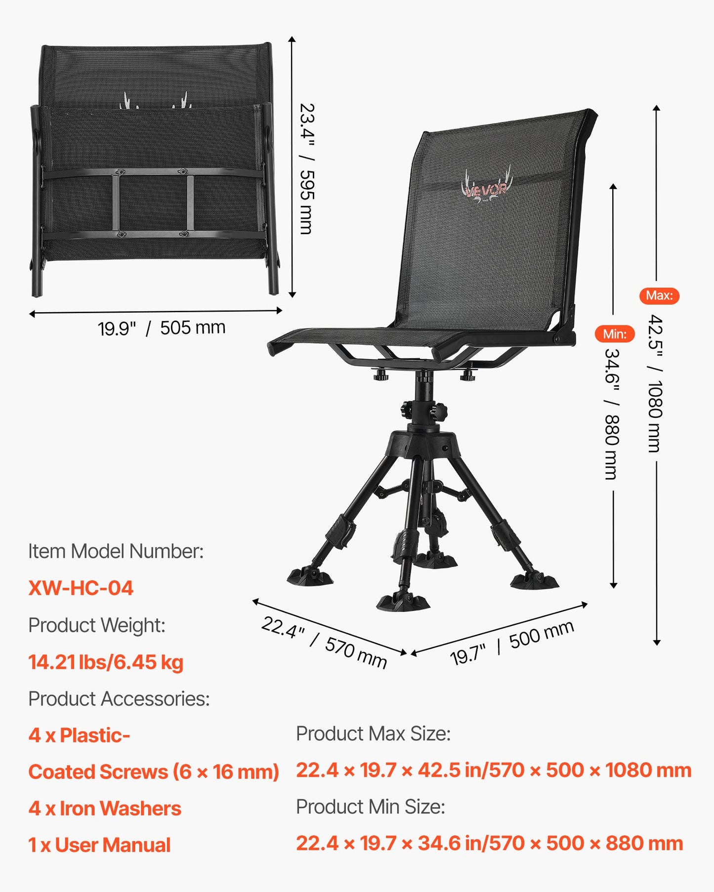 Hunting Chair, 360° Silent Swivel, Foldable Portable Blind Chair, Heavy-Duty Steel Frame Ground Stool Seat with Anti-Sink Swivel Feet, Height Adjustable, 158 Kg Capacity for Fishing Camping