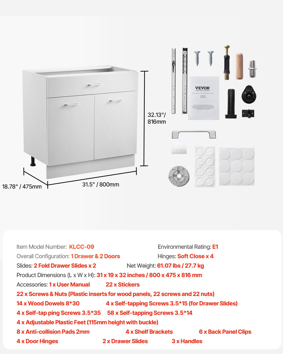 Vitt Shaker-underskåp med låda, 31-tums omonterat underskåp med lådor, 31" B x 19" D x 32" H Monteringsklart skåp med mjukstängande dörrar och justerbar hylla, för hemmakontor