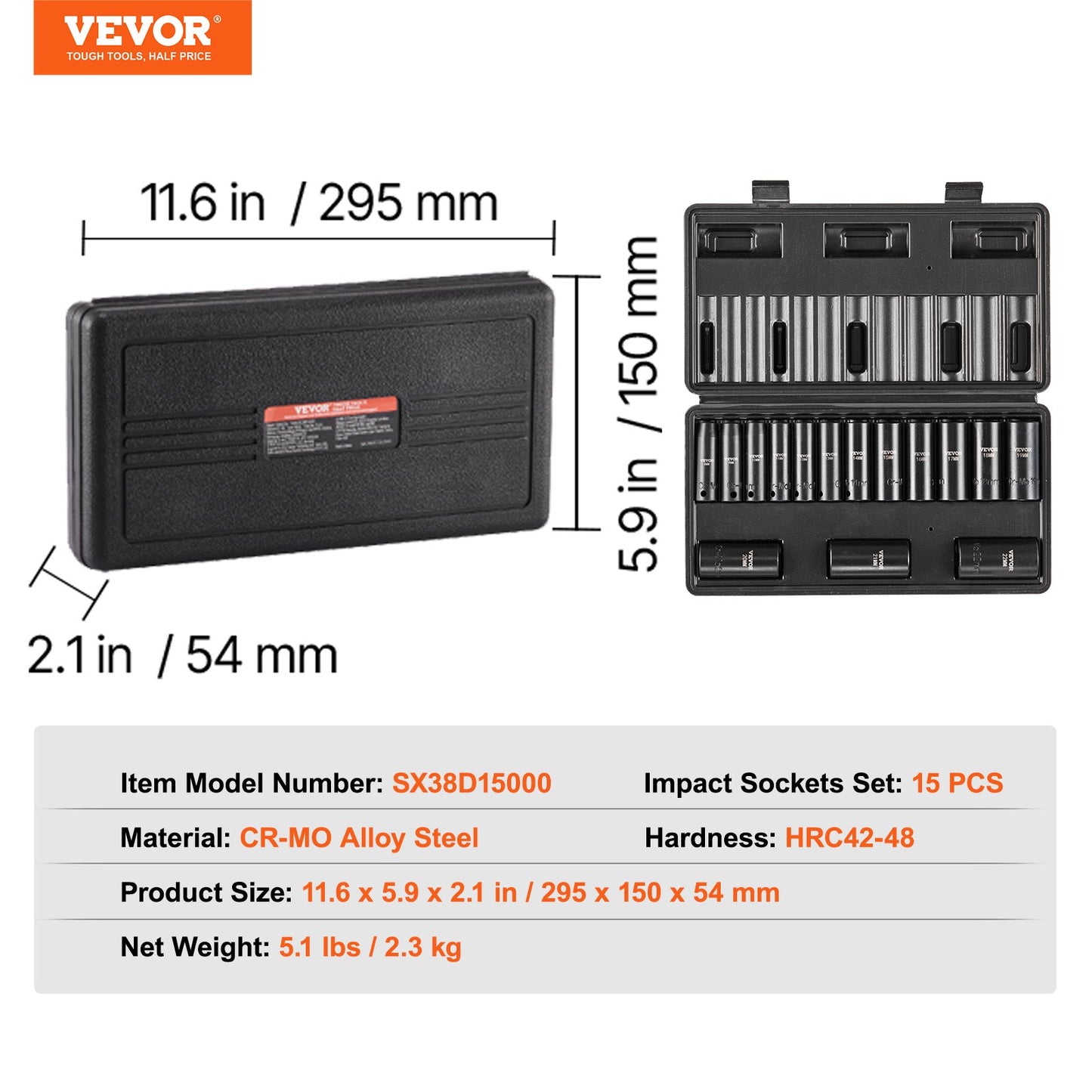 3/8" Drive Impact Socket Set, 15 Piece Deep Socket Set Metric 8-22mm, 6 Point Cr-Mo Alloy Steel for Auto Repair, Easy-to-Read Size Markings, Rugged Construction, Includes Storage Case
