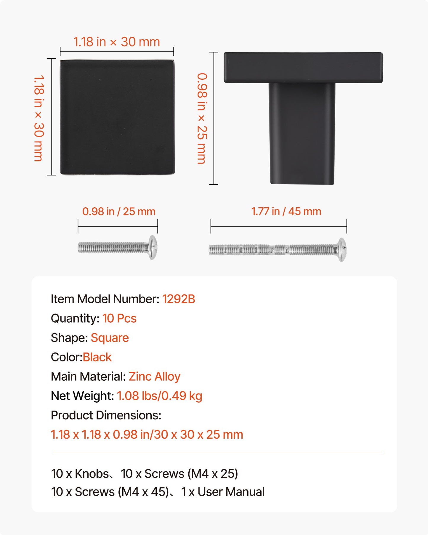 Cabinet Knobs, 10 Pack, 30 mm Black Zinc Alloy Drawer Pulls & Door Handles, Square Kitchen Solid Knobs Dresser Handles, Cupboard Hardware with Screws for Kitchen Bathroom Closet Cabinets Drawers