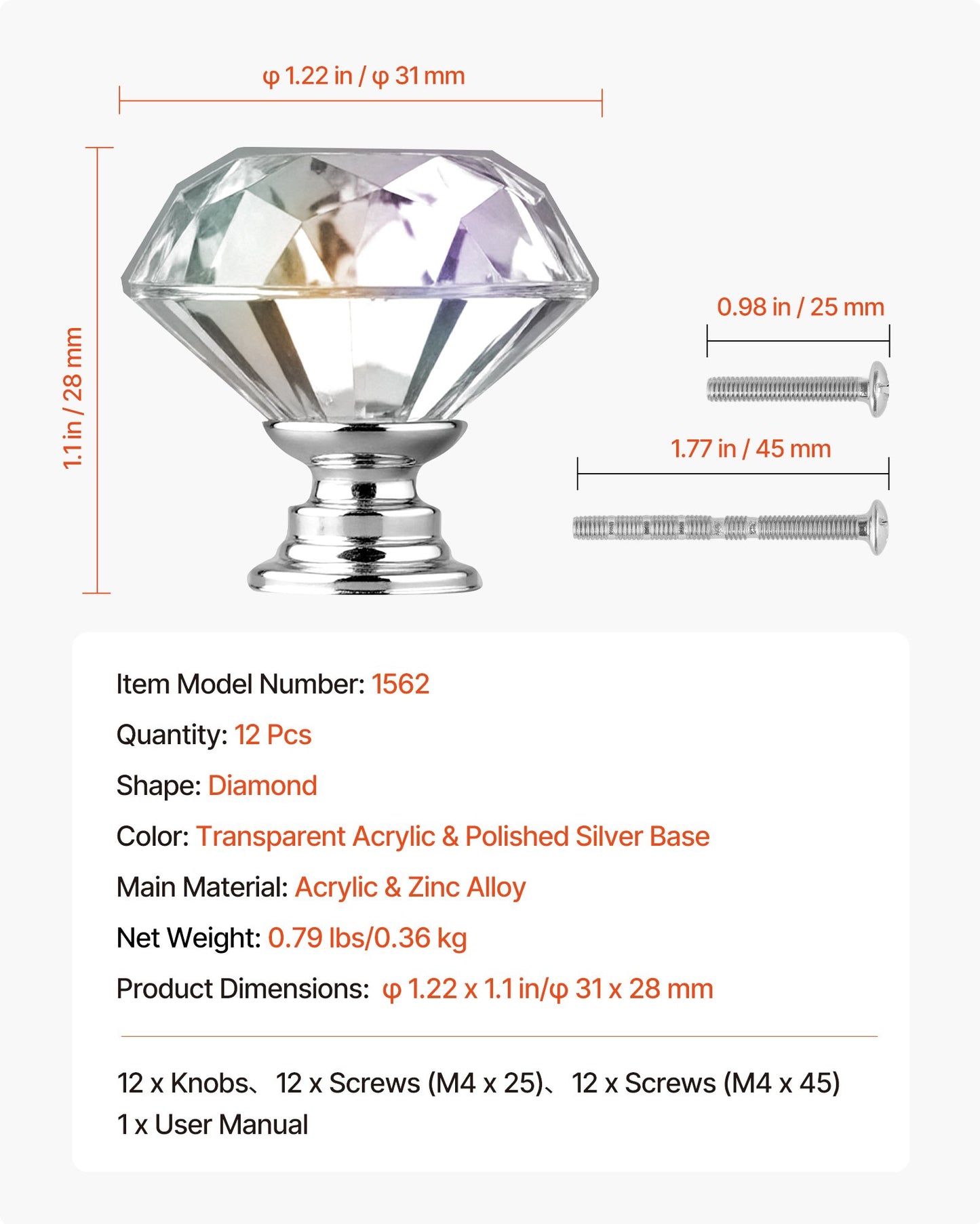 Cabinet Knobs, 12 Pack, 31 mm Acrylic & Zinc Alloy Drawer Pulls Door Handles, Diamond Kitchen Solid Knobs Dresser Handles, Cupboard Hardware with Screws for Bathroom Closet Cabinets Drawers