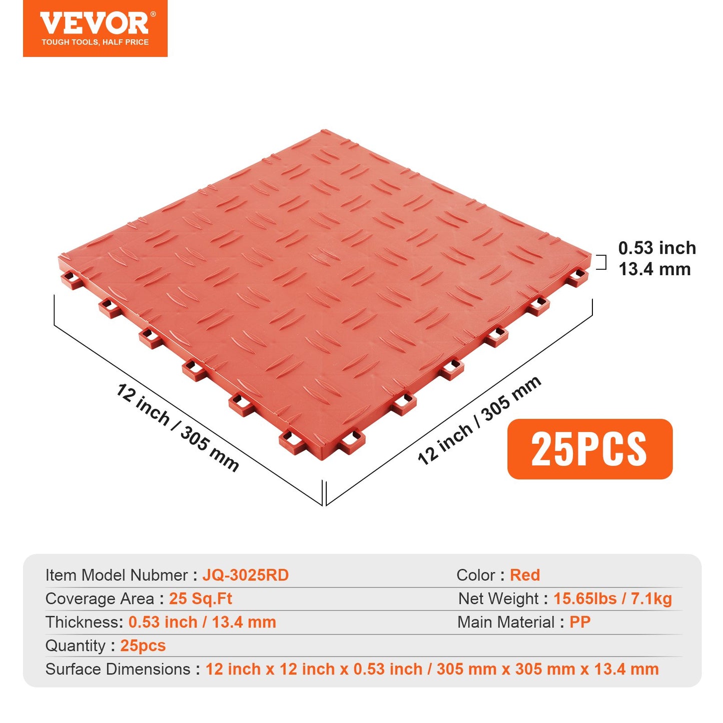 Garage Tiles Interlocking, 12 x 12 x 0.53 inch 25 Pack Garage Floor Covering Tiles, Non-Slip Double-Sided Texture Garage Flooring Tiles, for Garages, Basements, Repair Shops, Red