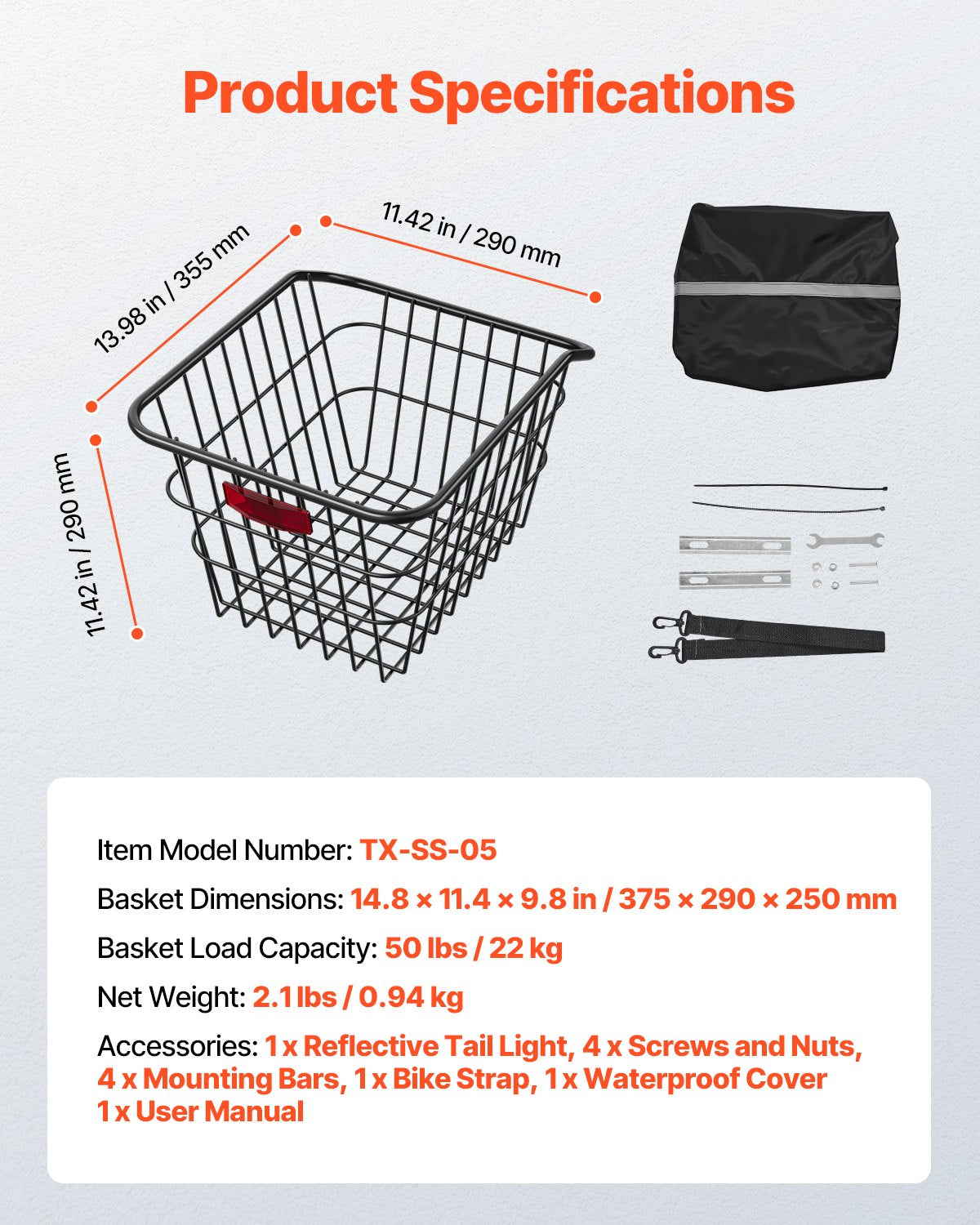 Rear Bike Basket, Metal Wire Bicycle Basket with Reflective Tail Light & Waterproof Cover, Durable Bike Back Basket, Fits to Most Rear Bike Racks