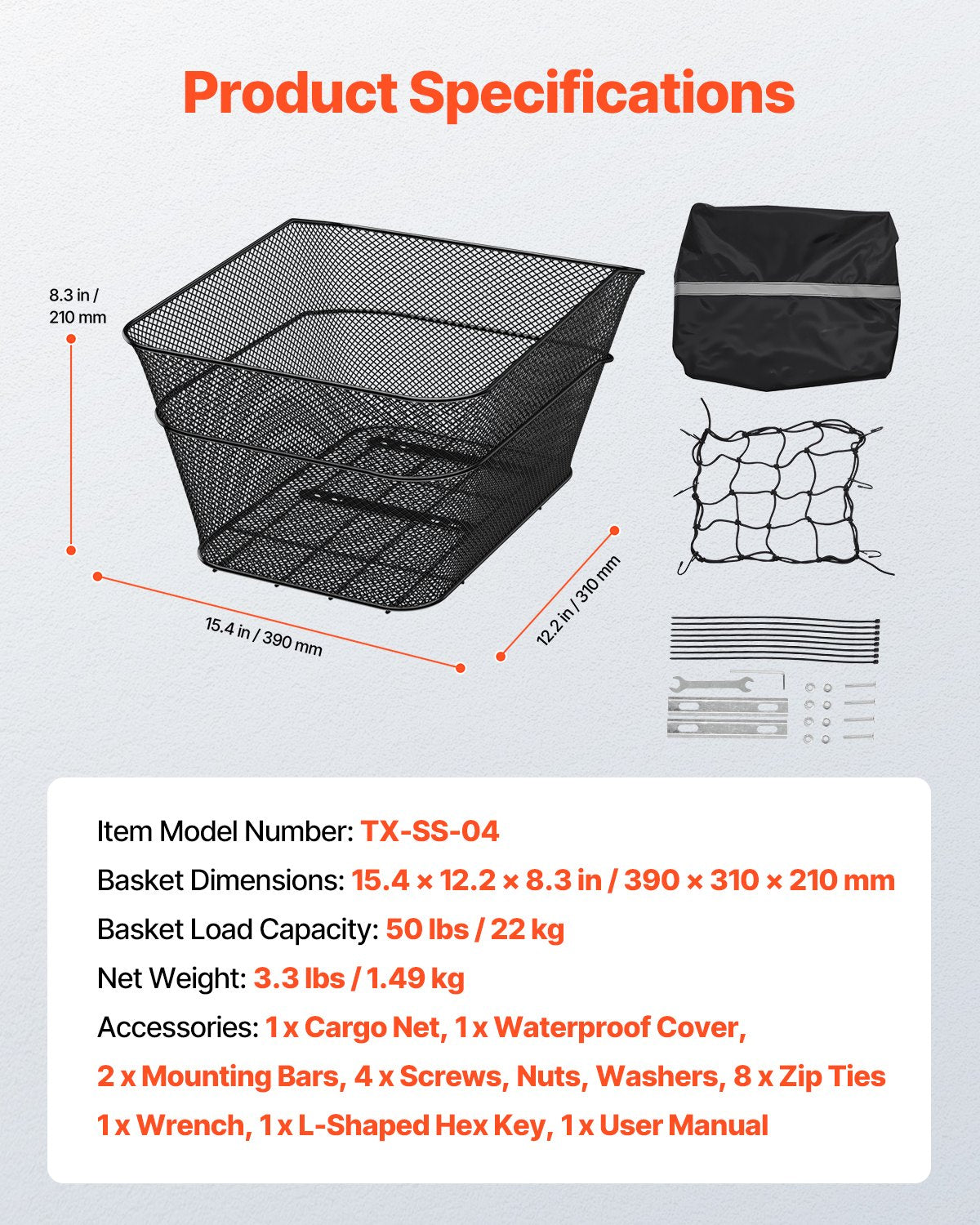 Rear Bike Basket, Wire Mesh Bicycle Basket with Cargo Net & Waterproof Cover, Durable Metal Bike Back Basket, Fits Most Rear Bike Racks, Mounting Tools Included