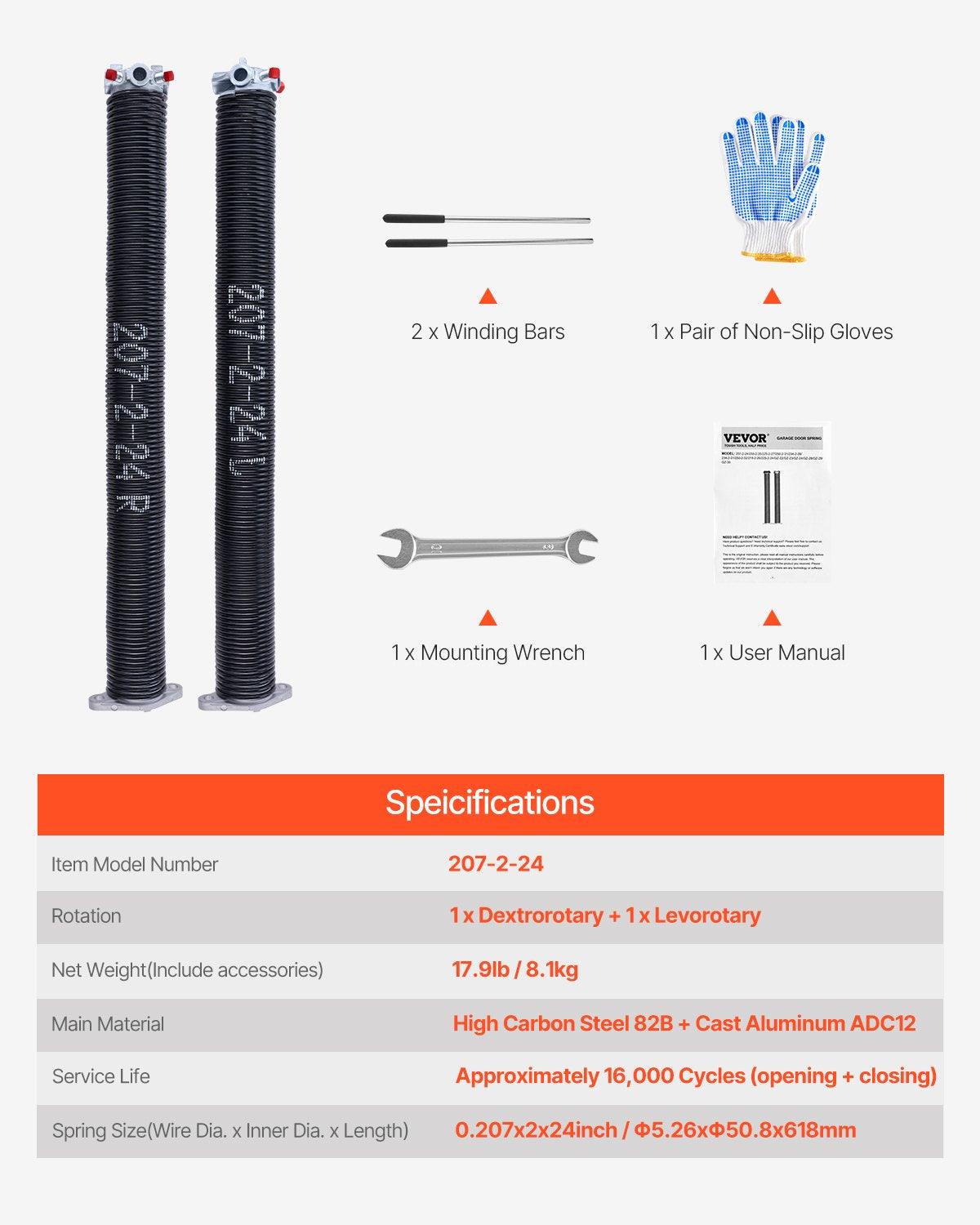 Garage Door Torsion Springs, Pair of 0.207 x 2 x 24 in, 16000 Cycles, Electrophoresis Black Coated for Replacement, Garage Door Springs with Non-Slip Winding Bars, Gloves and Mounting Wrench