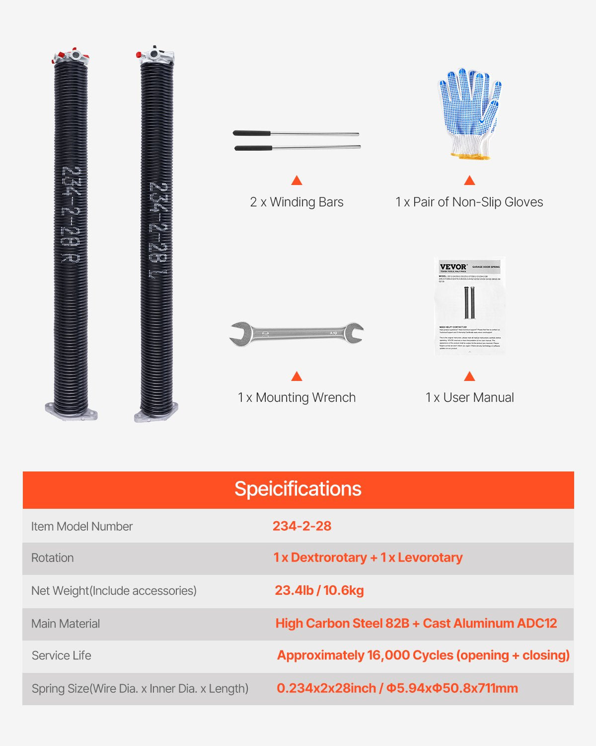 Garage Door Torsion Springs, Pair of 0.234 x 2 x 28 in, 16000 Cycles, Electrophoresis Black Coated for Replacement, Garage Door Springs with Non-Slip Winding Bars, Gloves and Mounting Wrench