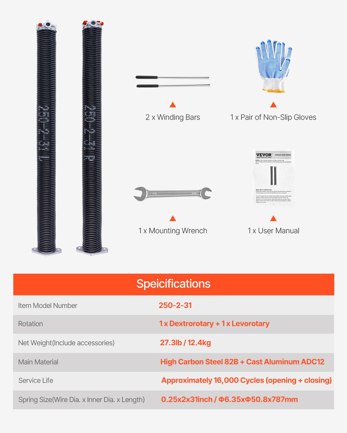 Garage Door Torsion Springs, Pair of 0.25 x 2 x 31 in, 16000 Cycles, Electrophoresis Black Coated for Replacement, Garage Door Springs with Non-Slip Winding Bars, Gloves and Mounting Wrench