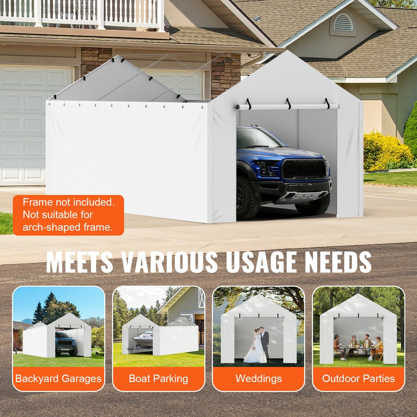 Carport Replacement Canopy Cover Side Wall 10 x 20 ft, Garage Tent Shelter Tarp Heavy-Duty Waterproof & UV Protected, Easy Installation with Ball Bungees,White (Top and Frame Not Included)
