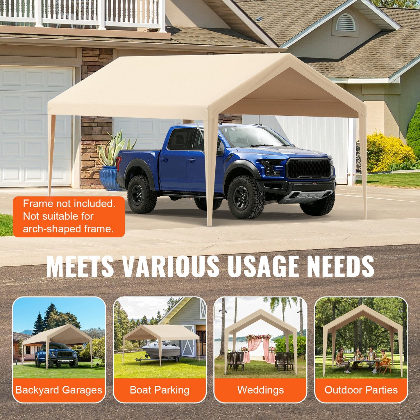 Carport Replacement Canopy Cover 10 x 20 ft, Garage Top Tent Shelter Tarp Heavy-Duty Waterproof & UV Protected, Easy Installation with Ball Bungees,Beige (Only Top Cover, Frame Not Include)