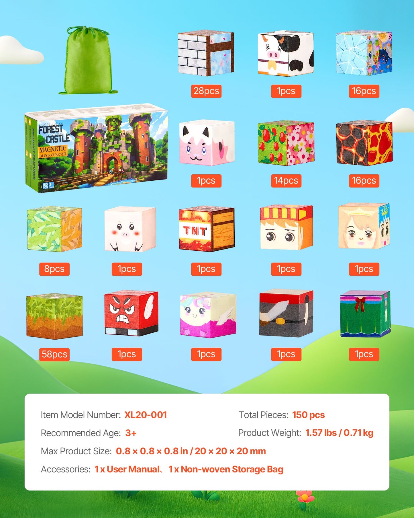 Magnetic Blocks, 150 PCS Forest Castle Set, Magnetic Building Cubes for Kids, STEM Montessori Sensory Toys for Christmas Birthday Gift, Construction Stacking Toy for 3+ Years Old Boys & Girls