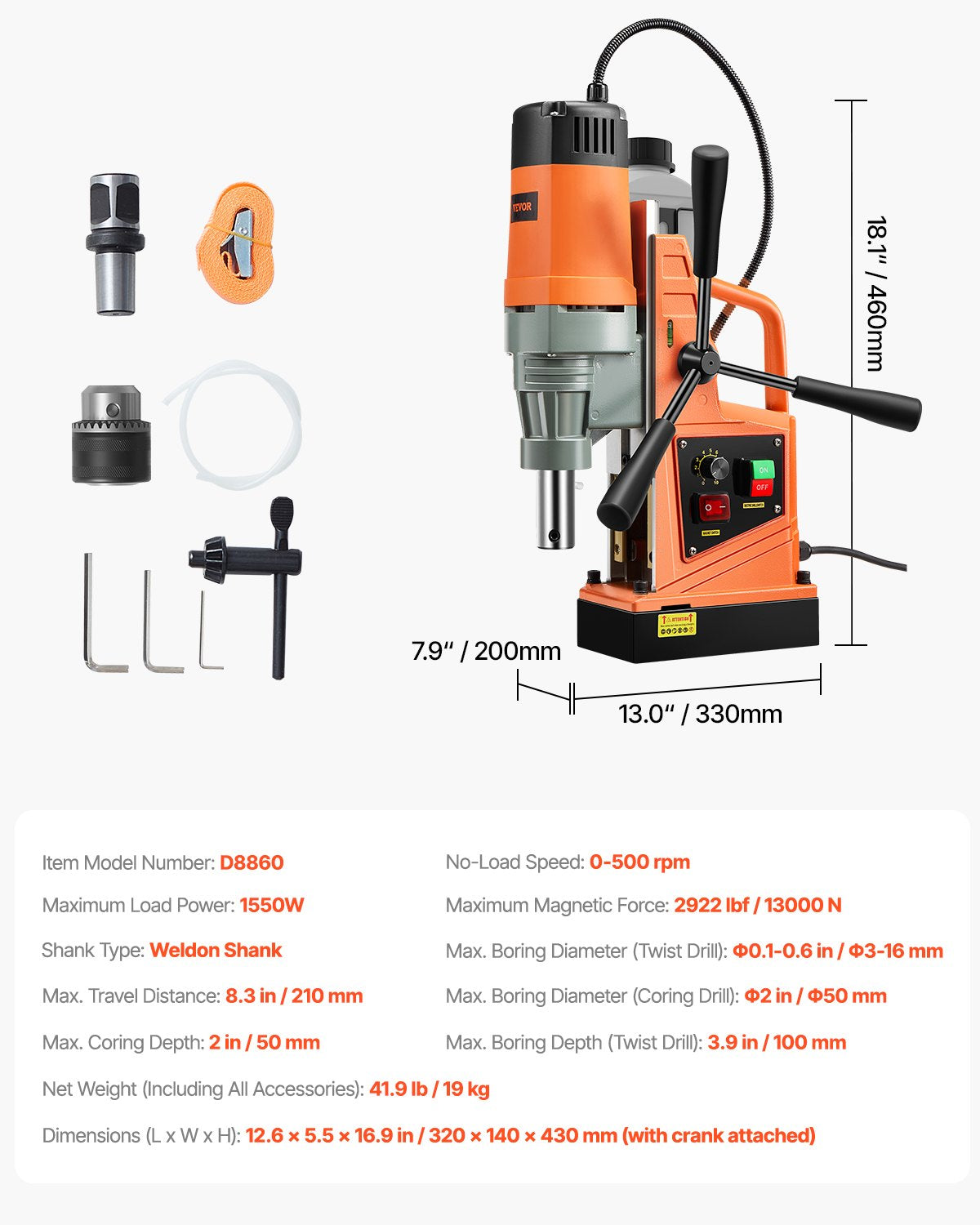 Magnetborrmaskin, 1550W motor, 2 tums borrdiameter, 2922 lbf bärbar elektrisk magnetborrpress, 0-500 varv/min variabel hastighet, borrmaskin för metallytor, industri och heminredning