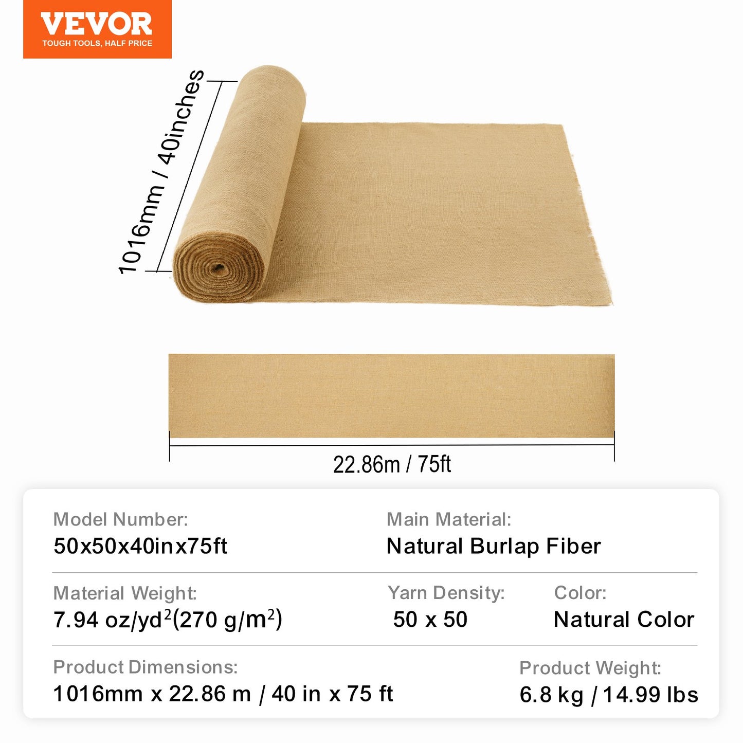 Burlap Fabric Roll, 40” x 75 ft & 50 x 50 High Density Wide Natural Burlap Fabric Rolls, Jute Fabric Burlap Tree Wrap Roll, for Decor, Crafts, Wedding, Gardening, Plant & Tree Winter Covering