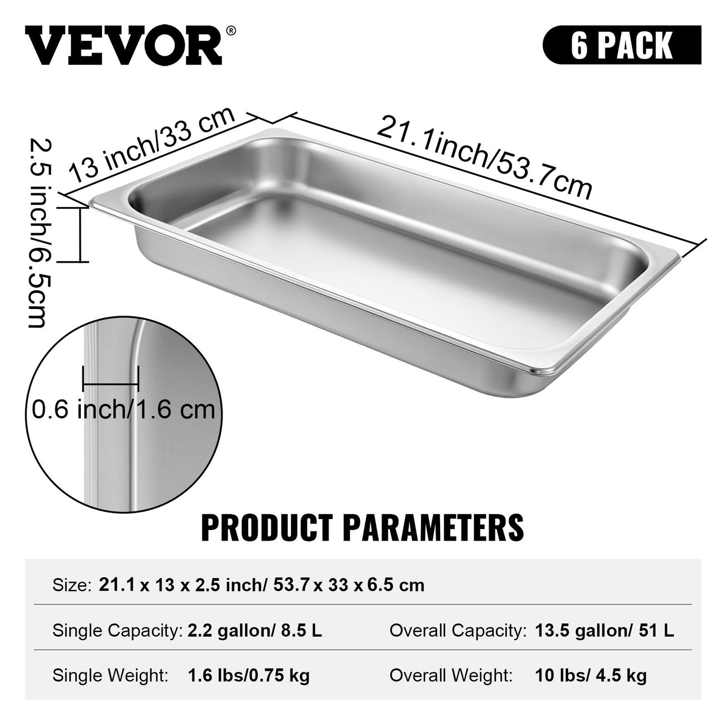 6 Pack Steam Table Pans 20.9 x 12.8 x 2.6 Inch Deep Steam Table Pan Full Size 8.5L Deep Food Container Stainless Steel Oven Tray Hotel Pans Anti-Jam Steam Table Food Pan
