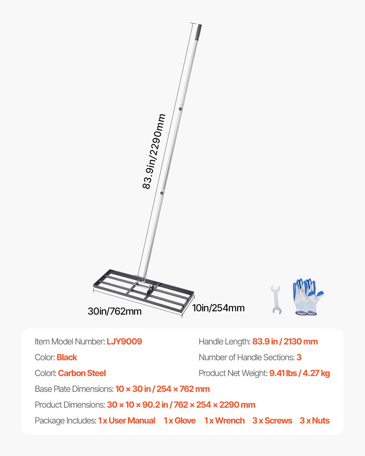 Lawn Leveling Rake, Lawn Leveler with 83.9 in Handle, 30x10 in Ground Plate, Rust-Resistant Carbon Steel Soil Leveler, 3 Heights Adjustable, Effort Saving Lawn Leveling Tool for Yard Golf Court