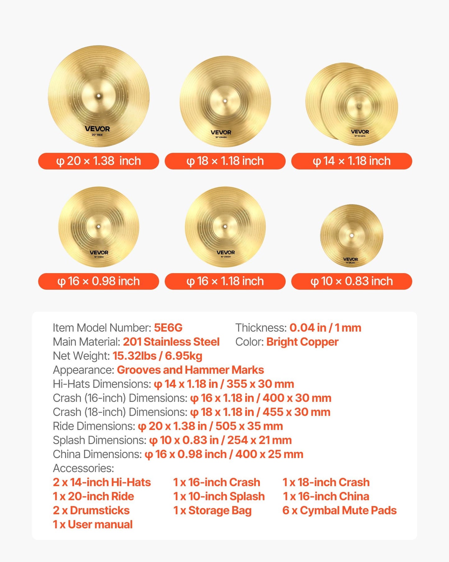 Cymbal Pack 6 Pieces Cymbal Set 254/355/400/455/505 mm (10 14 16 18 20 Inches) Cymbals for Drum