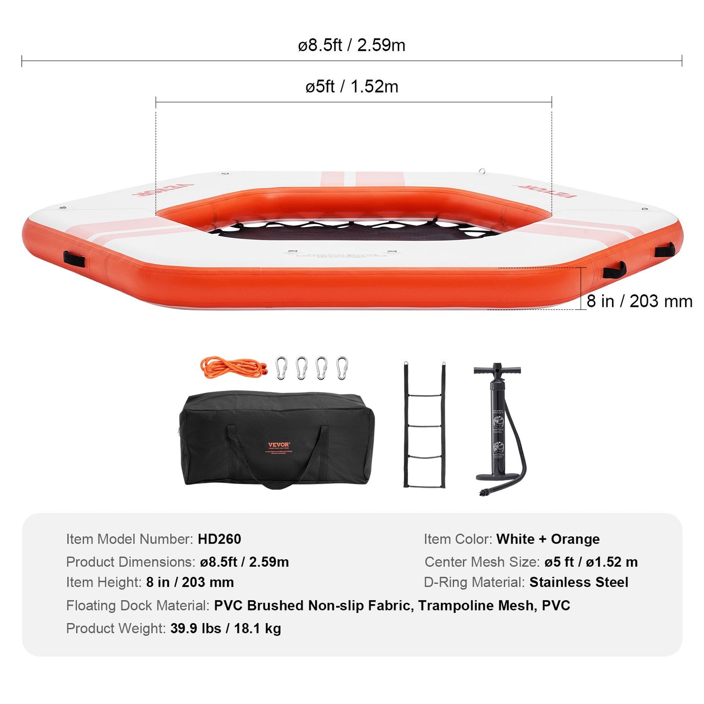 Uppblåsbar flytbrygga, ø8,5FT uppblåsbar bryggplattform med ø5FT studsmatta i nätpool, halkfri flytande plattform med vattenmatta med bärbar väska och avtagbar stege för avkoppling vid poolen och stranden