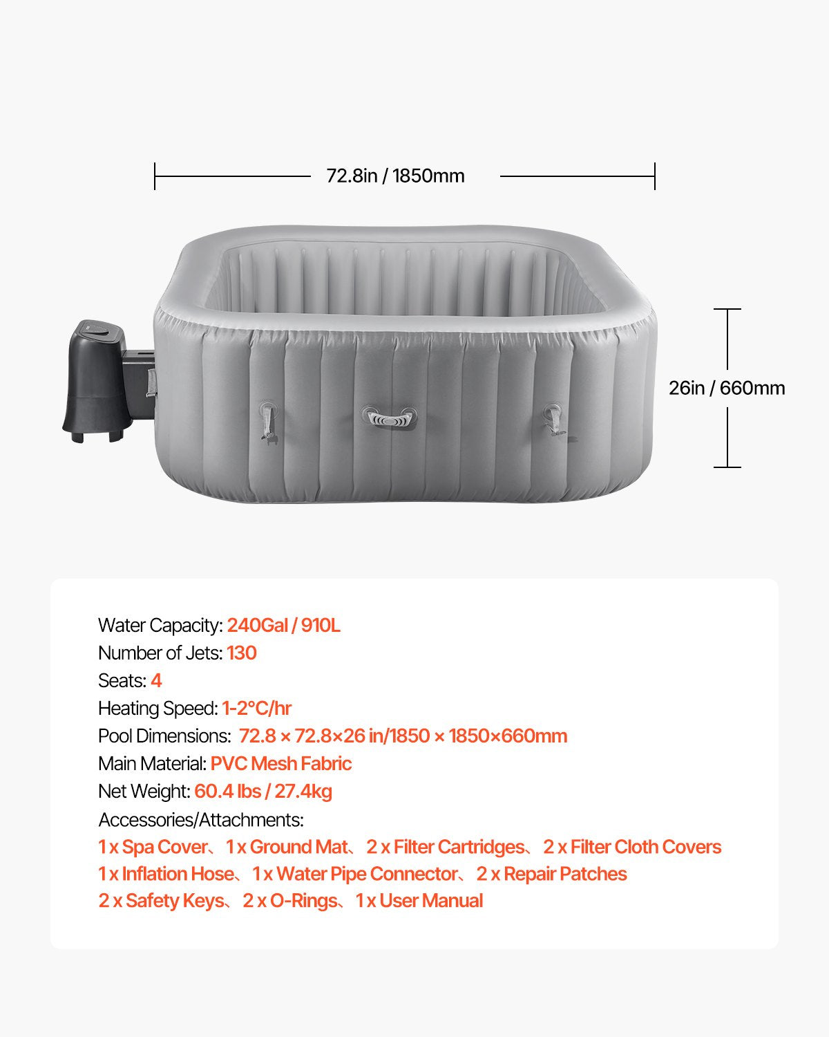 Inflatable Hot Tub, 4 to 6 Person Capacity, 1850 x 660mm Square Portable Outdoor Spa, with 130 Soothing Jets, Filter, Cover and Mat, Multi-function Control Panel, PVC Outdoor Hot Tub, Grey