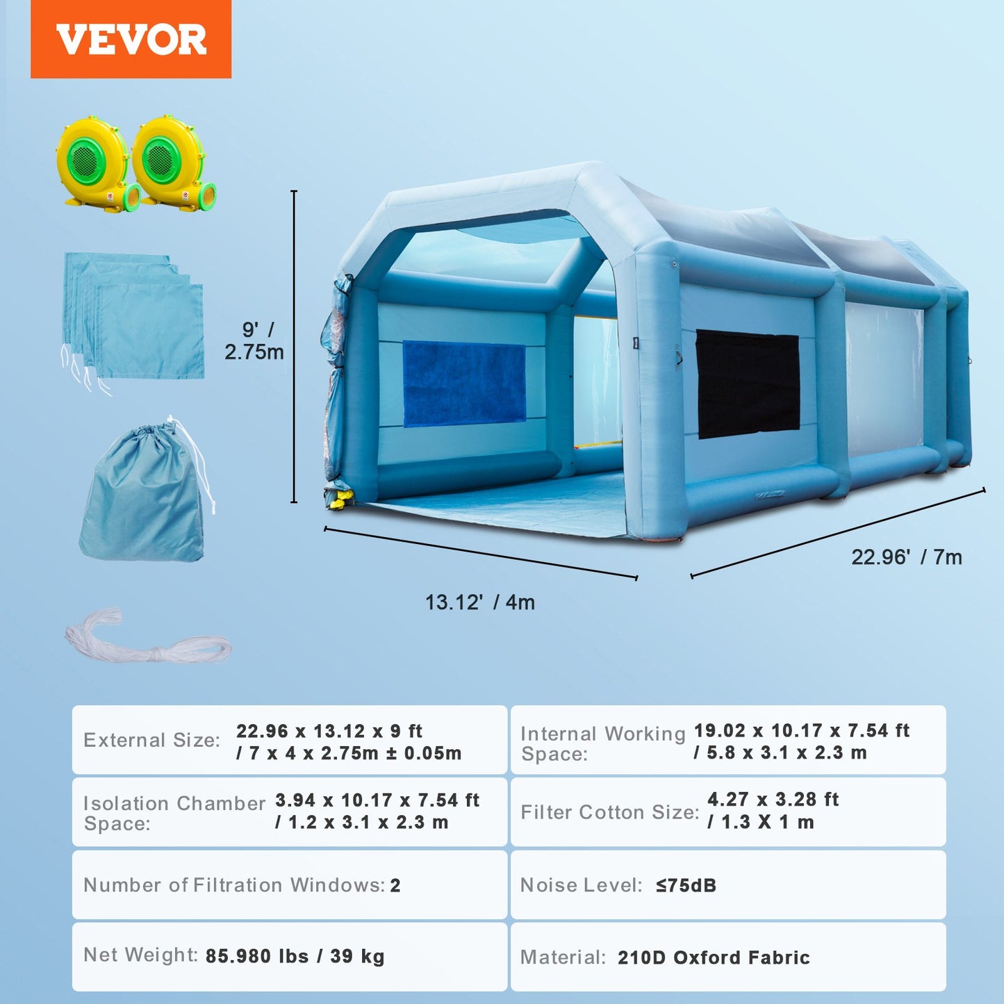 Inflatable Spray Booth Car Paint Tent 701 cm x 396 cm x 259 cm Filter System 2 Blowers